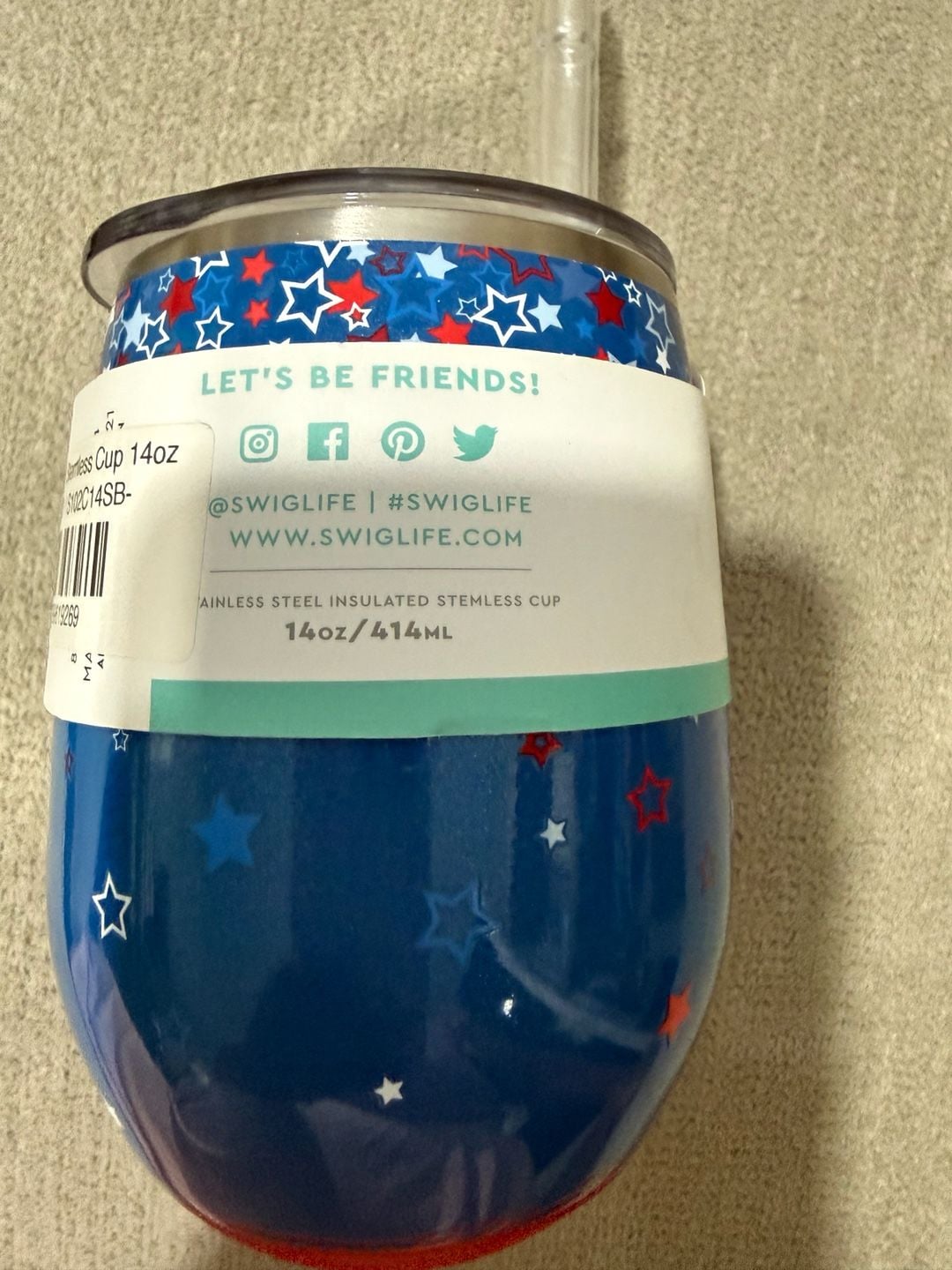 NWT Swig Life Star Burst Stemless Cup 14oz Blue Red White 4
