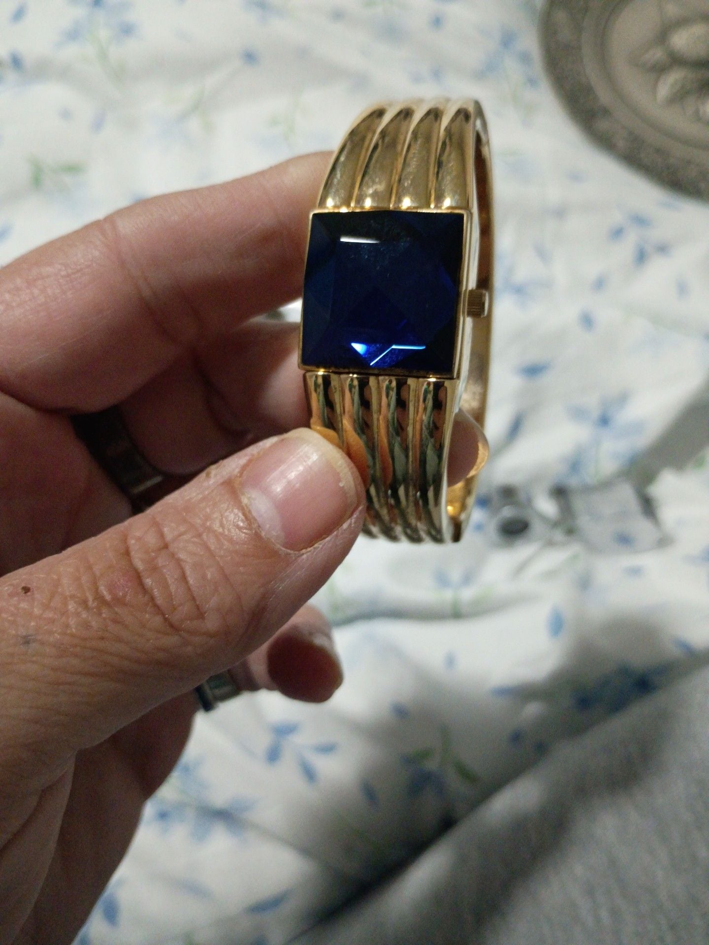 Gruen GR7425 Gold Tone Blue Stone Cuff Watch 2