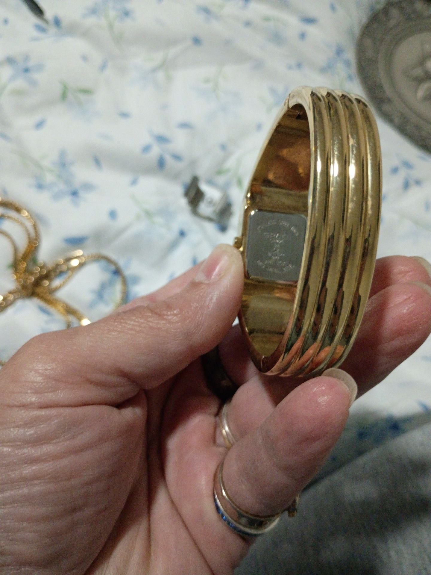 Gruen GR7425 Gold Tone Blue Stone Cuff Watch 3