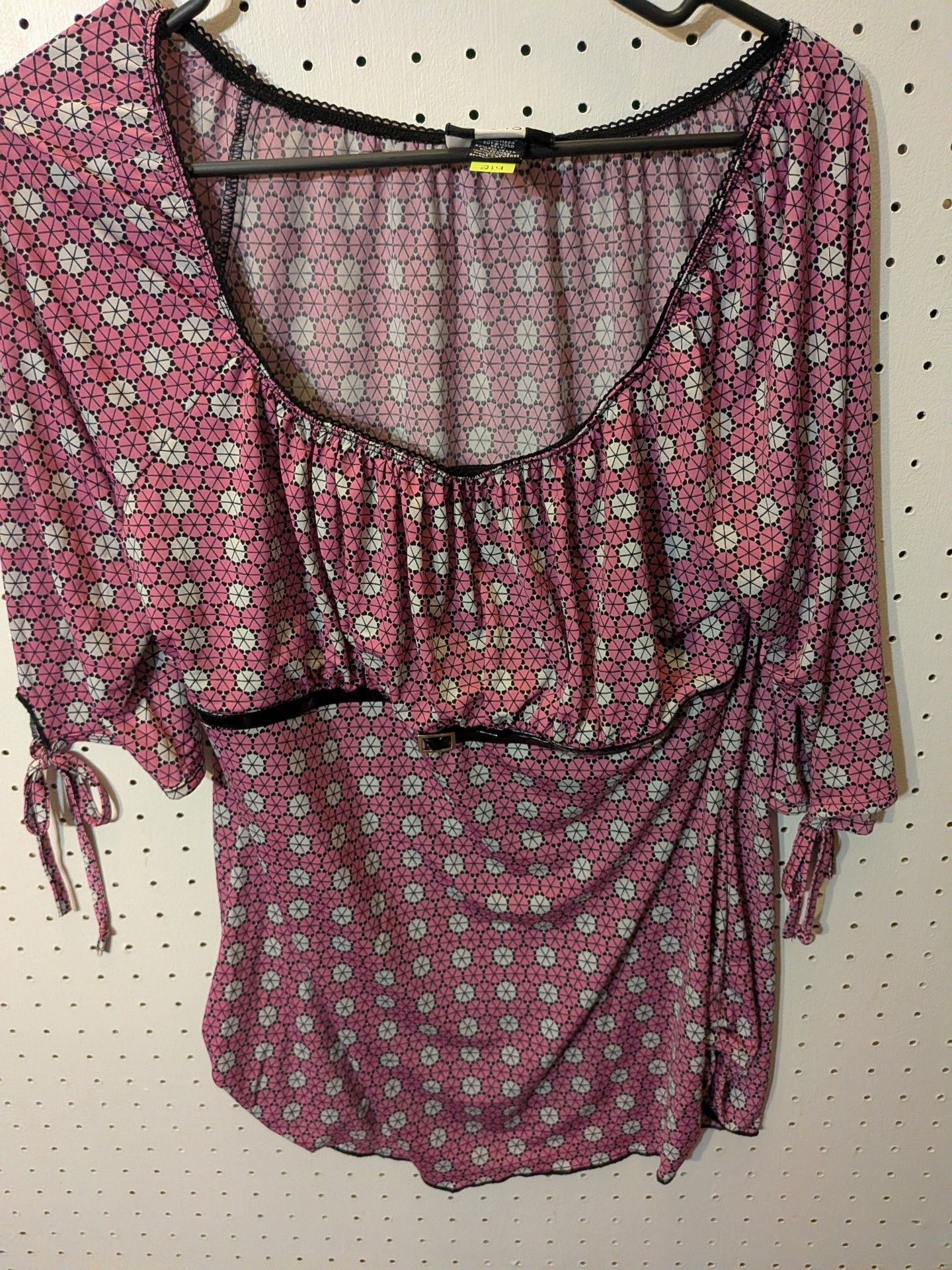 Studio 1940 Blouse Size L Pink Geometric Print Tie Sleeve Top 2
