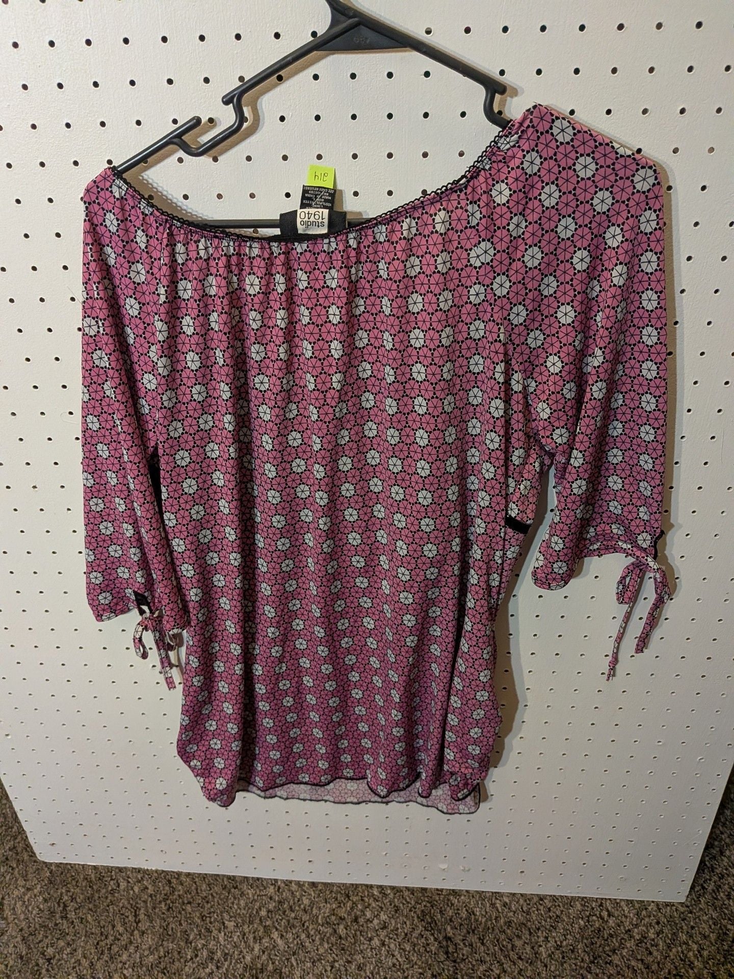 Studio 1940 Blouse Size L Pink Geometric Print Tie Sleeve Top 4