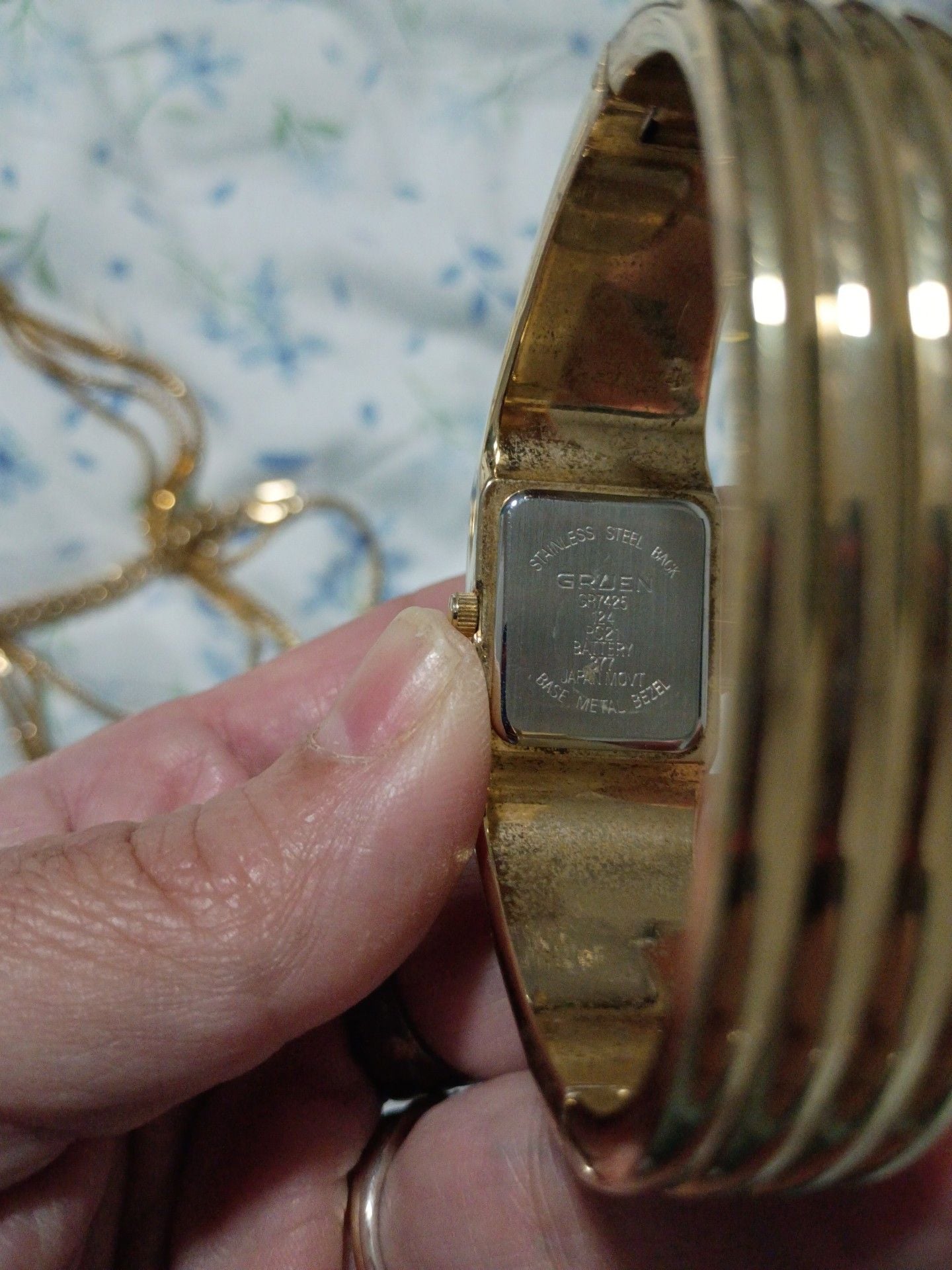 Gruen GR7425 Gold Tone Blue Stone Cuff Watch 4
