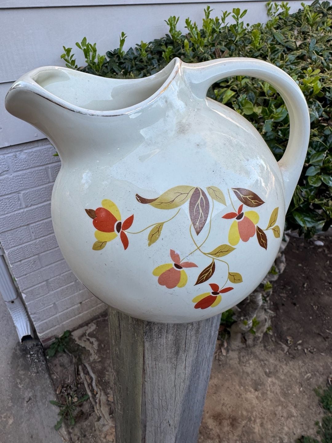 Vintage Ceramic Floral Pitcher Cream and Brown Mid Century 1