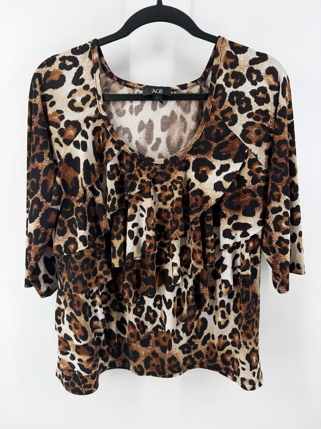 AGB Leopard Print Ruffle Top Large Animal Print Y2K Statement Blouse 2