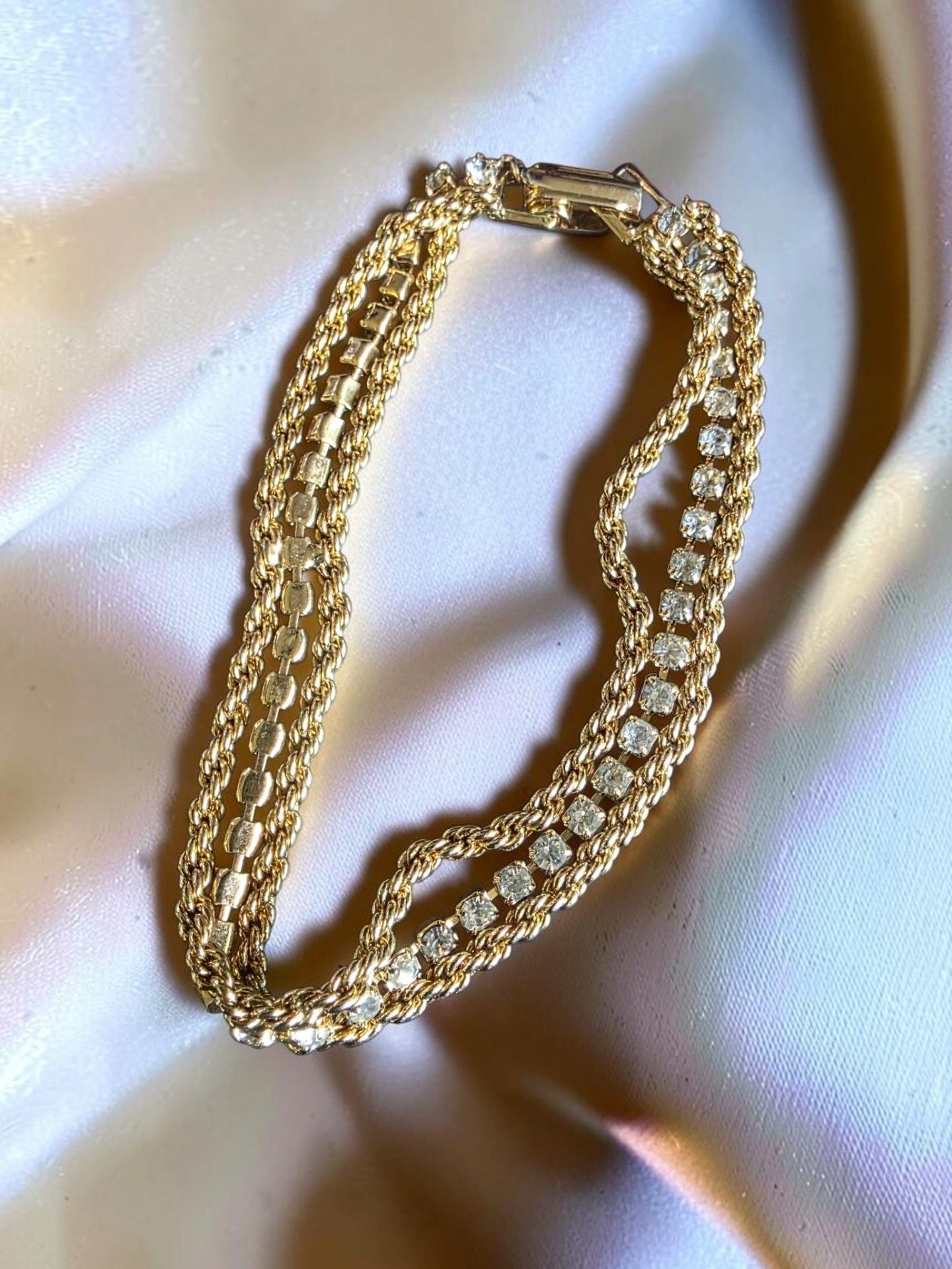 Vintage Gold Tone Rhinestone Rope Chain Bracelet 3