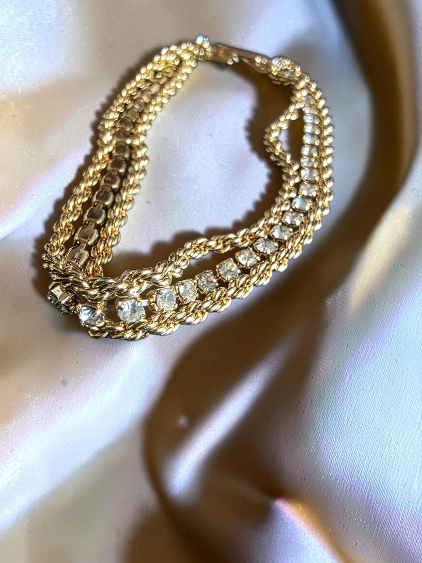 Vintage Gold Tone Rhinestone Rope Chain Bracelet 4