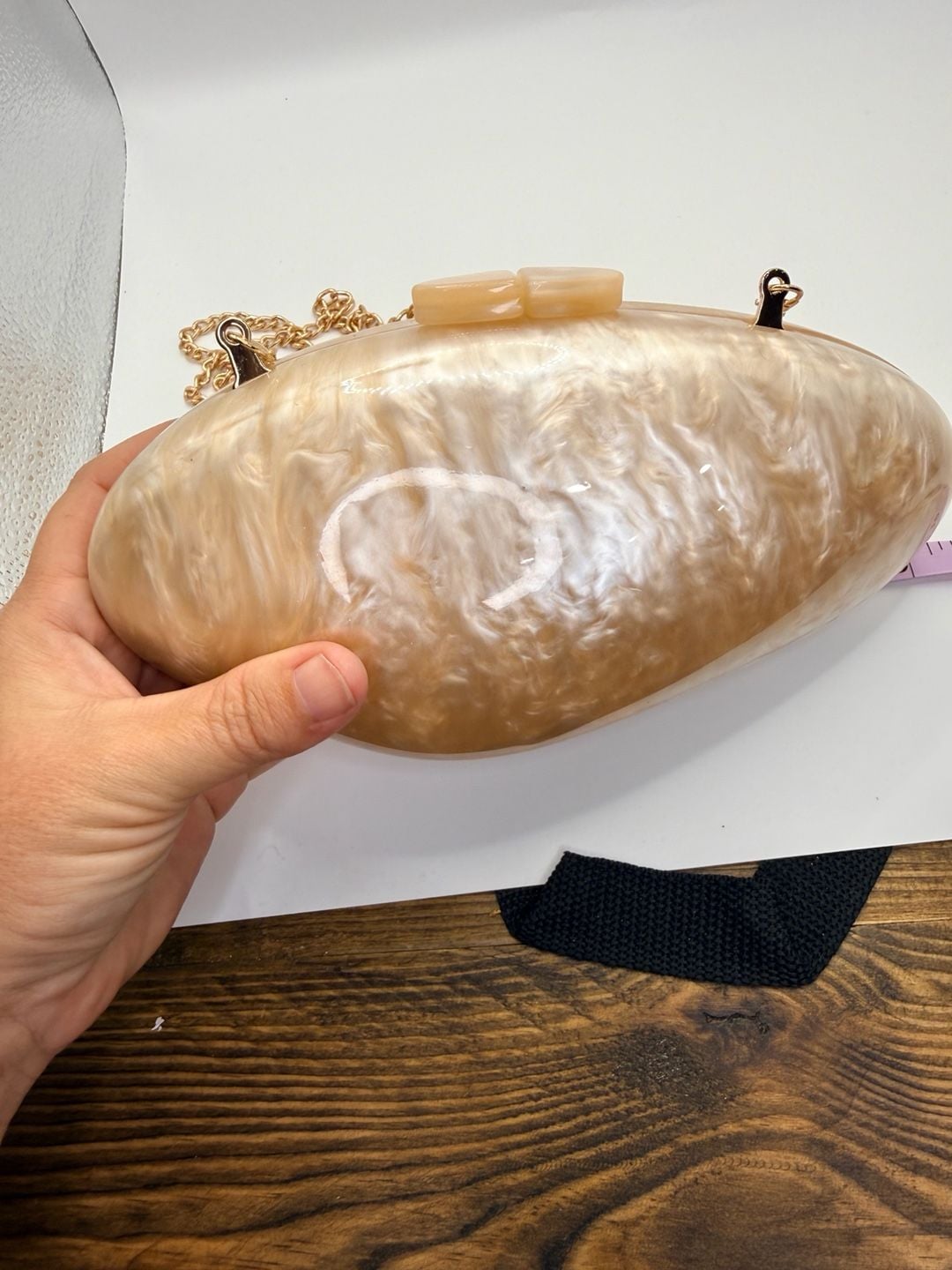 Acrylic Marble Oval Evening Clutch Bag Beige Gold 4