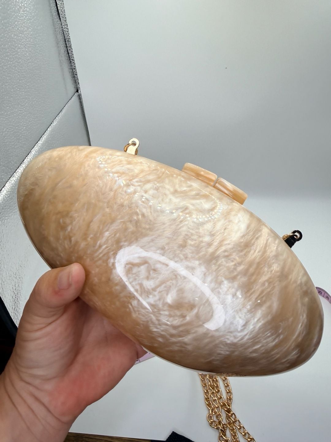Acrylic Marble Oval Evening Clutch Bag Beige Gold 6