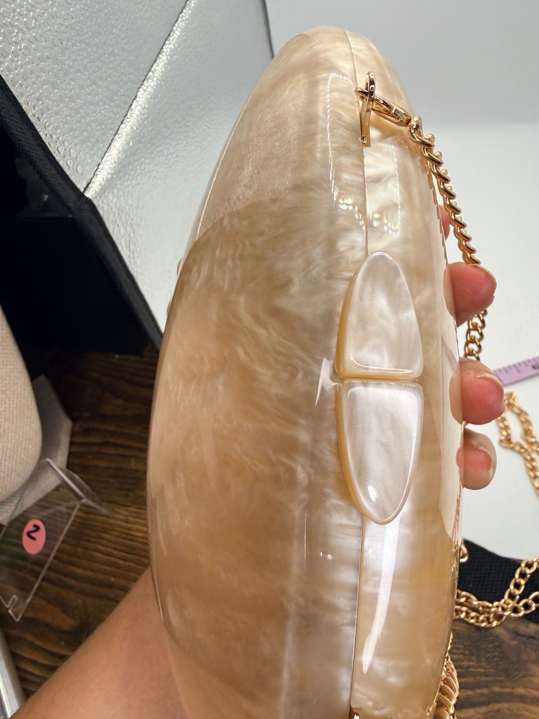 Acrylic Marble Oval Evening Clutch Bag Beige Gold 7