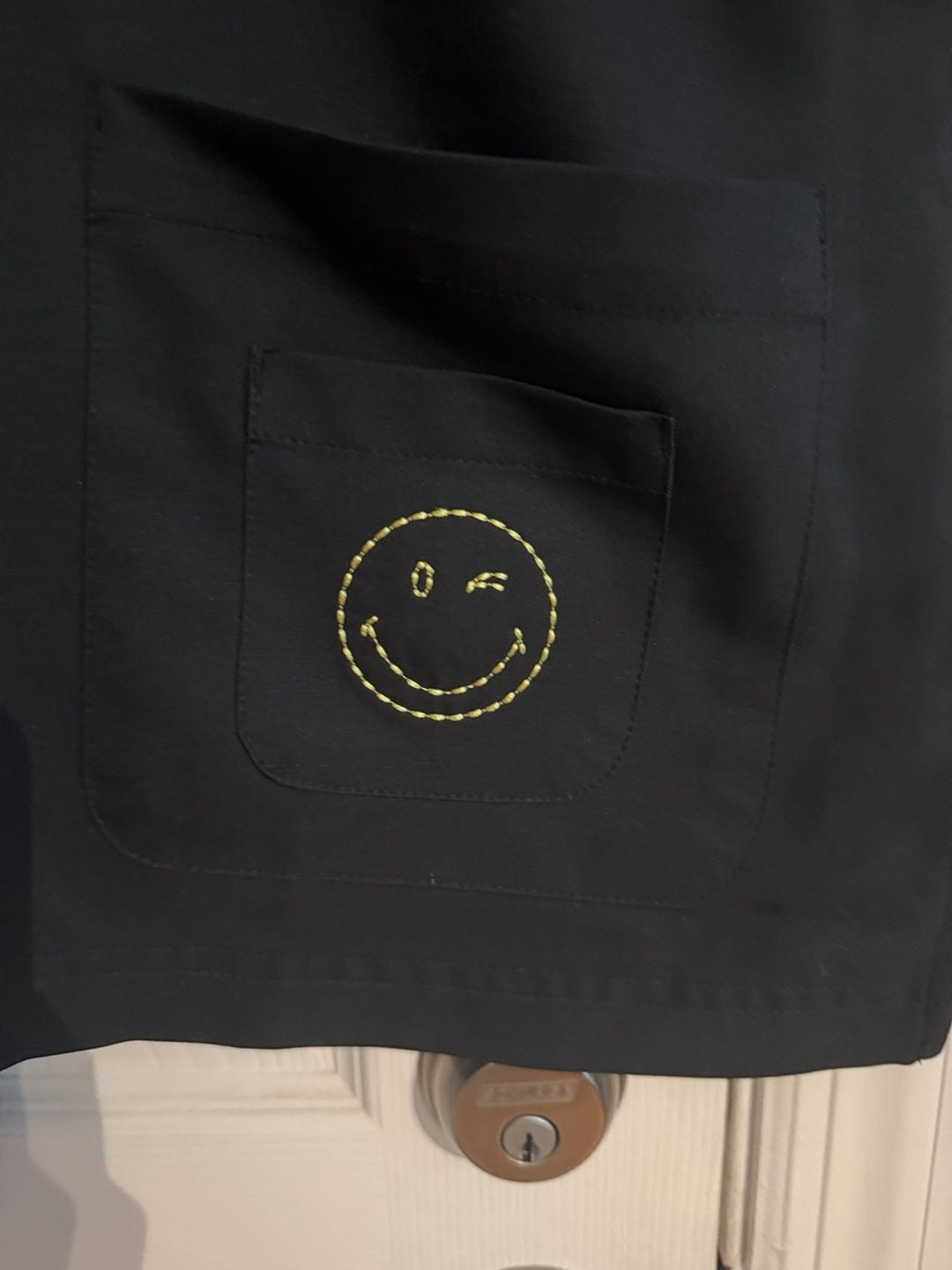 Koi x Smiley World Scrub Top Size M Black V-Neck Embroidered Winking Smiley 3