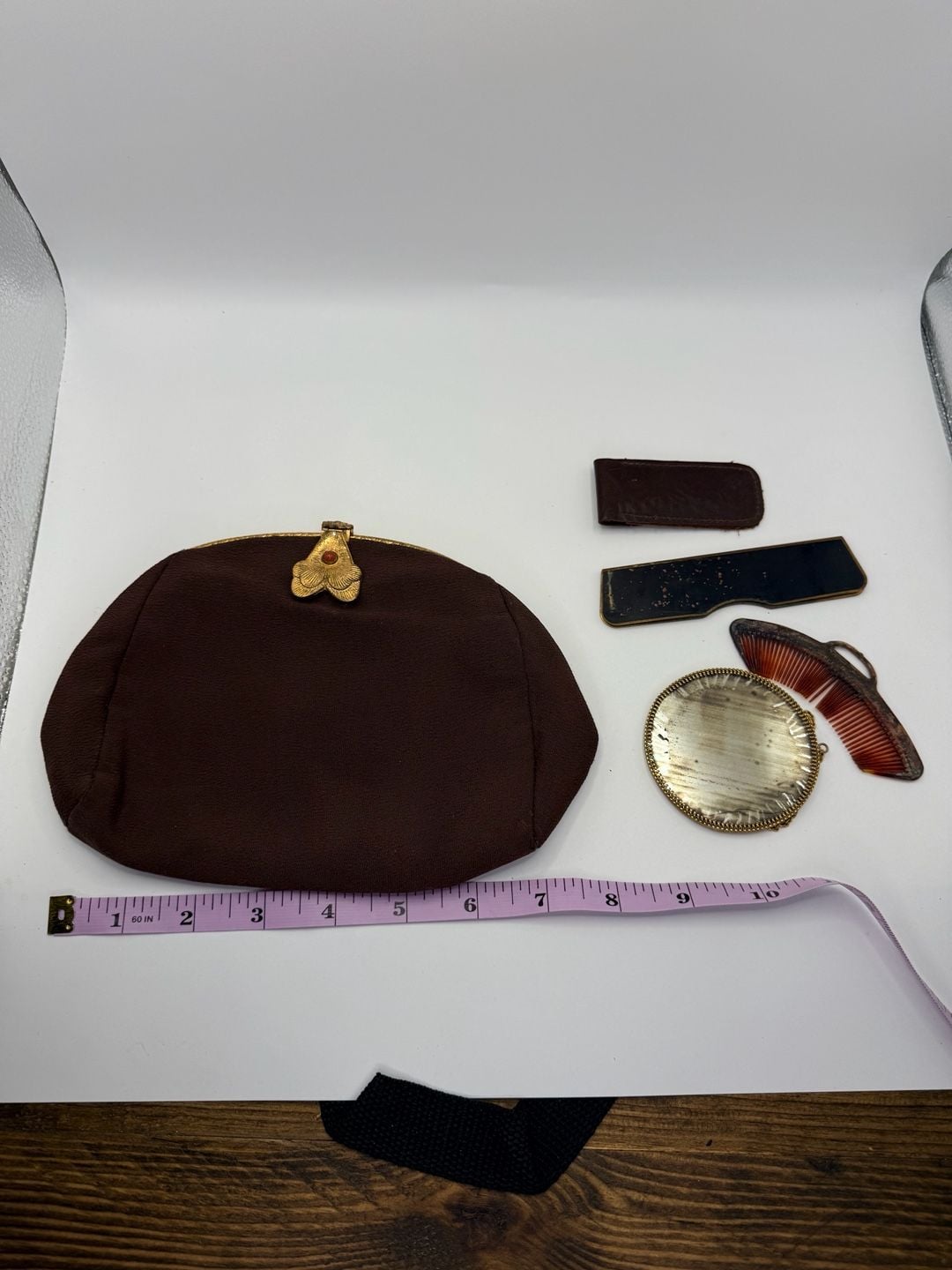 Vintage Art Deco Brown Fabric Clutch Handbag With Compact Set 1