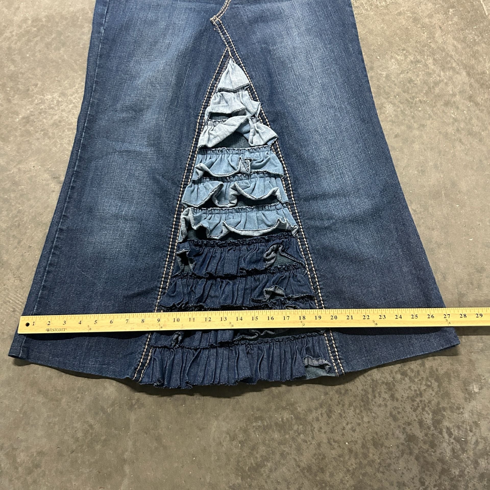 Dweekend Y2K Denim Maxi Skirt  Ruffle Insert Embroidered Pockets Boho Western 8