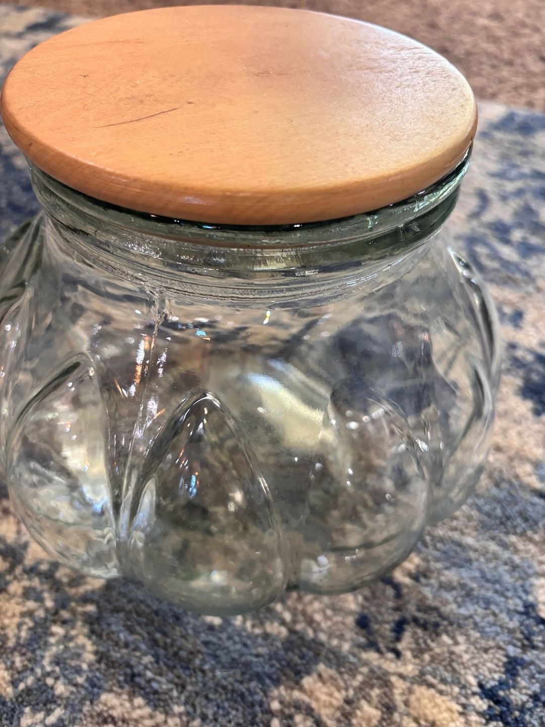 Vintage green tinted Glass Pumpkin Jar Storage Container with Wooden Lid 2