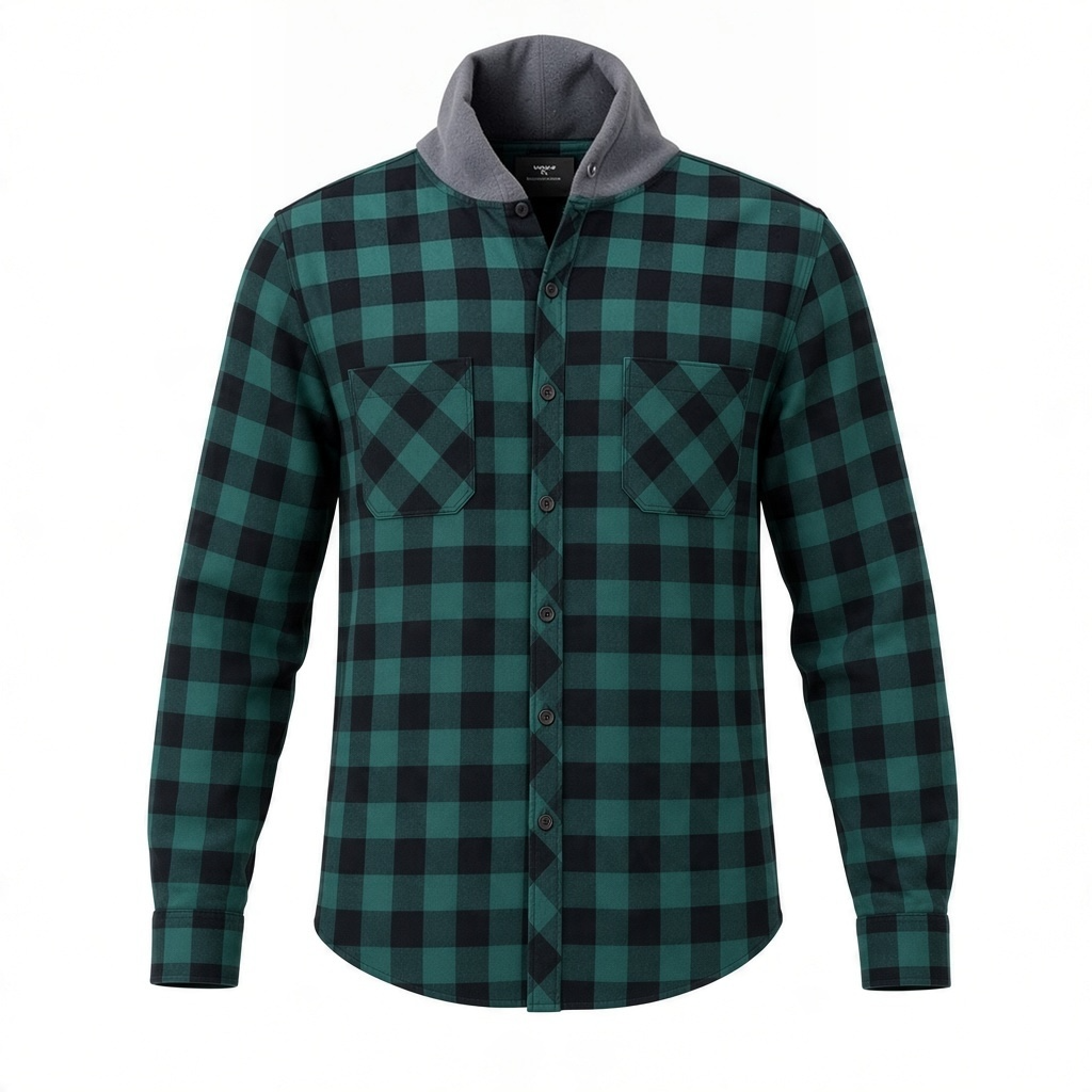 Hooded Flannel Shirt Size L Green Black Buffalo Plaid Button Up 2