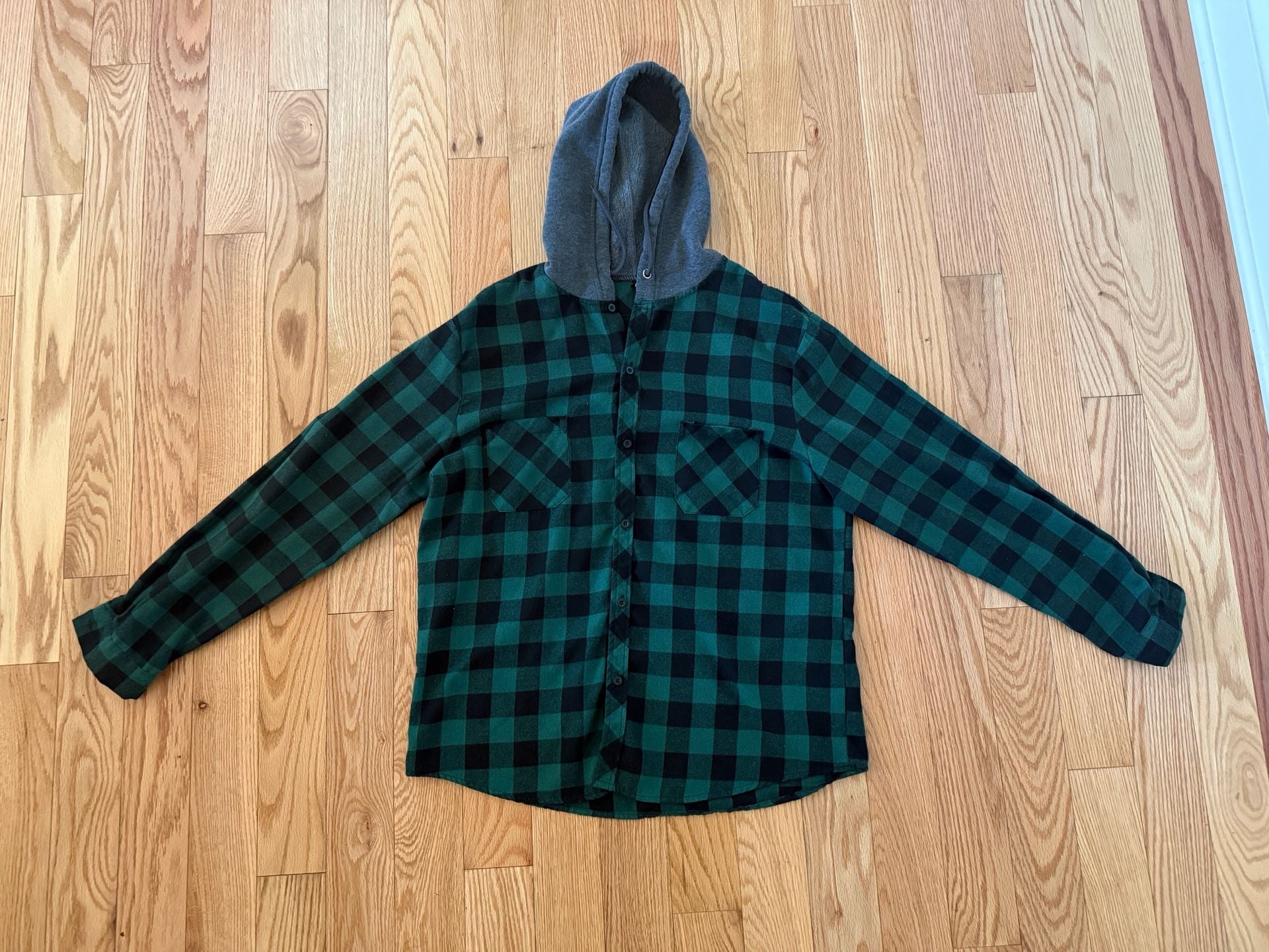 Hooded Flannel Shirt Size L Green Black Buffalo Plaid Button Up 3