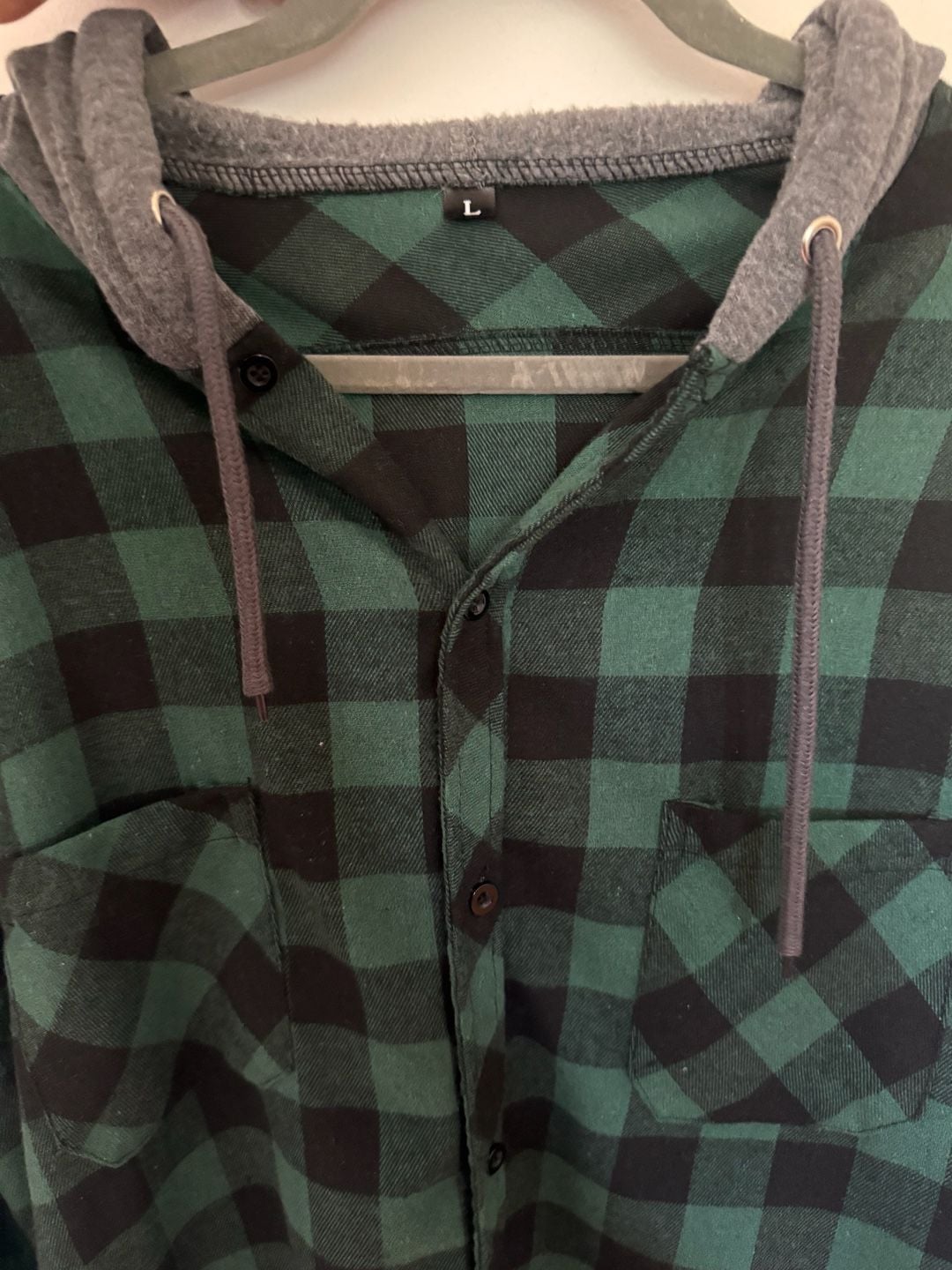 Hooded Flannel Shirt Size L Green Black Buffalo Plaid Button Up 5