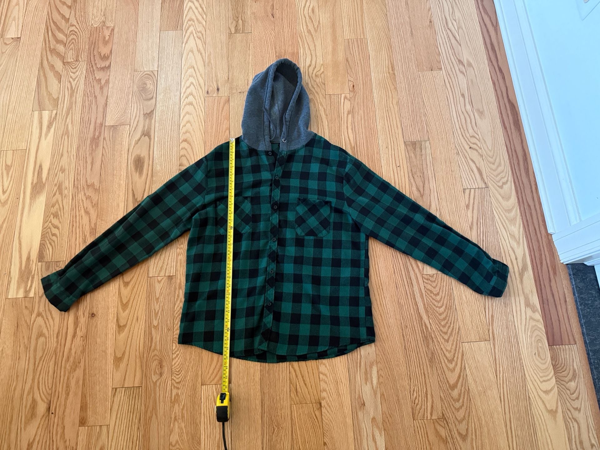 Hooded Flannel Shirt Size L Green Black Buffalo Plaid Button Up 6