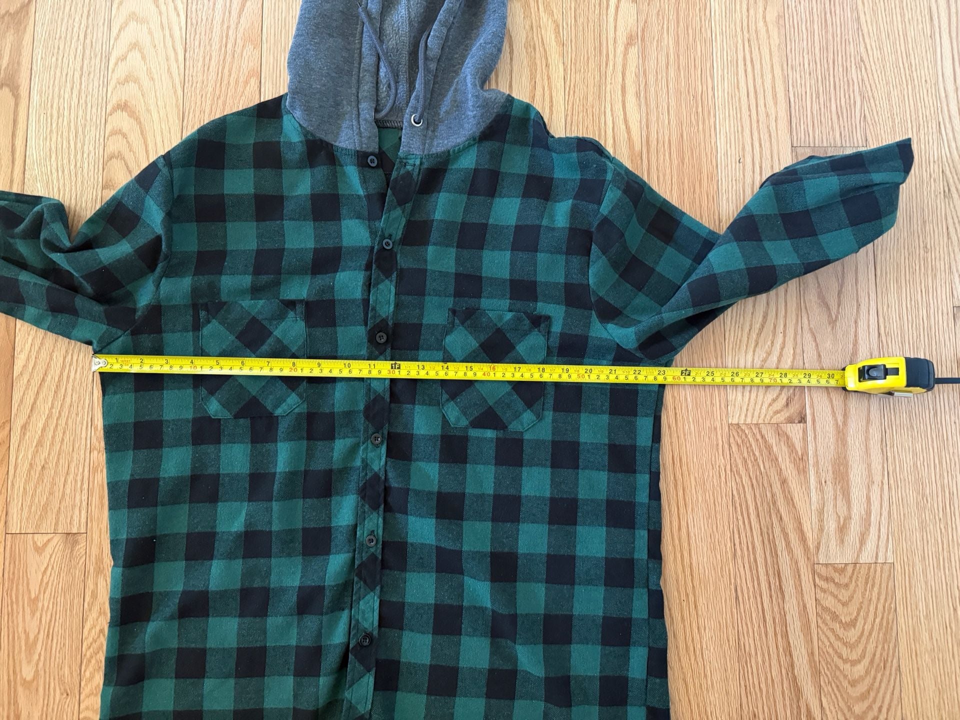 Hooded Flannel Shirt Size L Green Black Buffalo Plaid Button Up 7