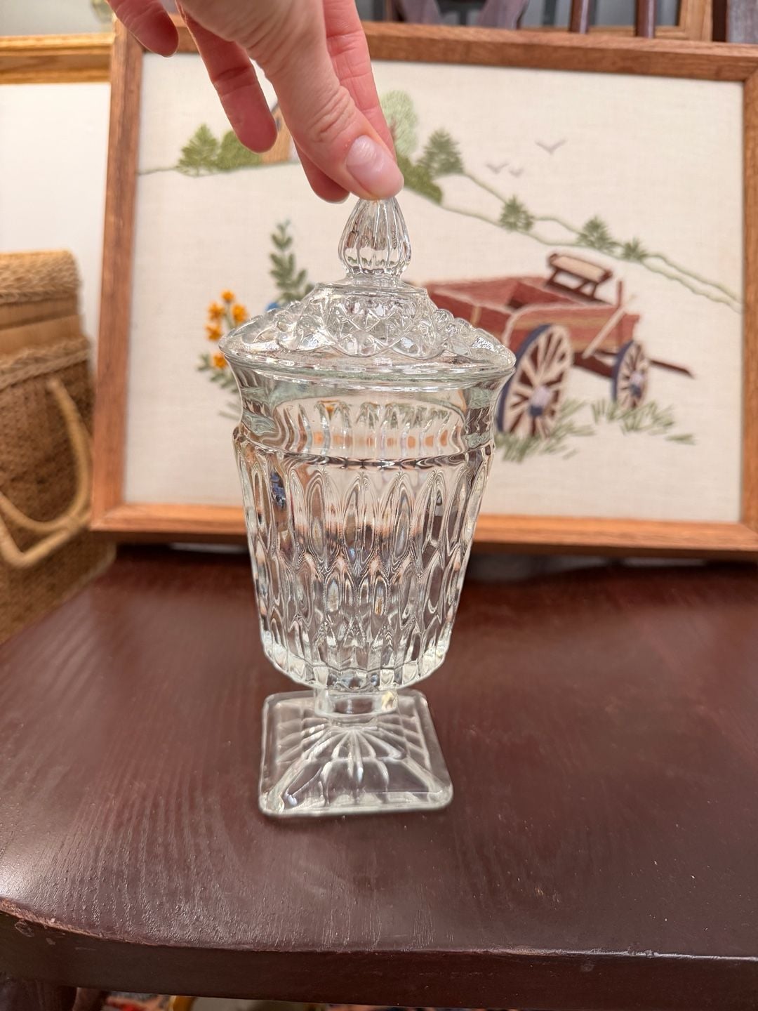 Vintage Indiana Clear Pressed Glass Footed Candy Dish Jar With Lid Home Decor 1