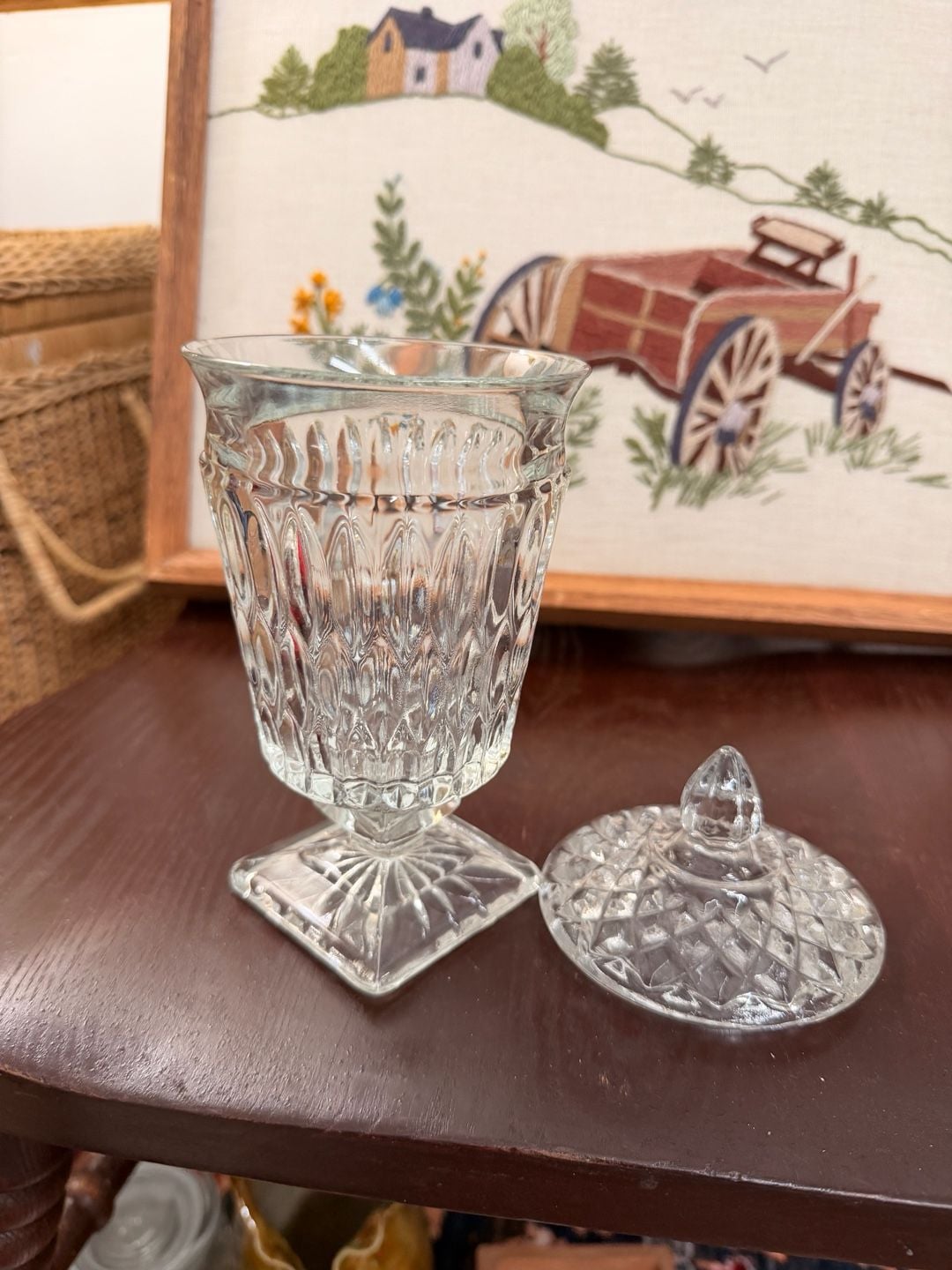 Vintage Indiana Clear Pressed Glass Footed Candy Dish Jar With Lid Home Decor 3