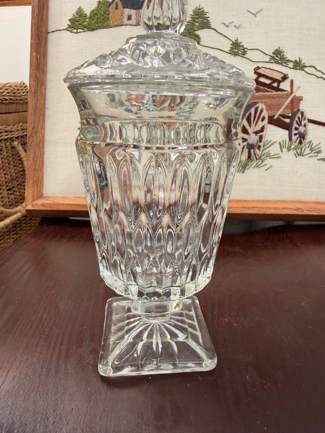 Vintage Indiana Clear Pressed Glass Footed Candy Dish Jar With Lid Home Decor 7