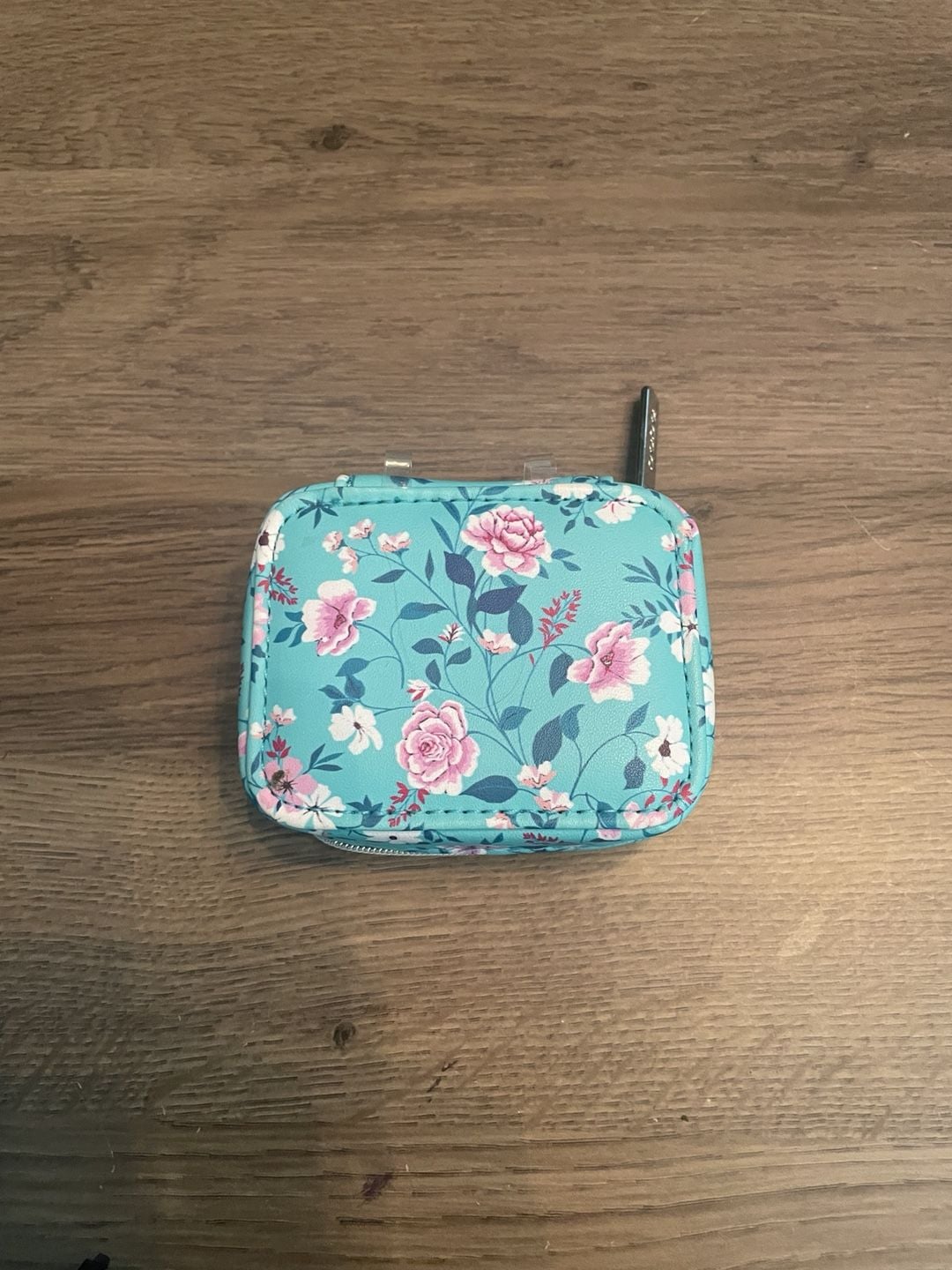 bebe Floral Travel Jewelry/Medicine Box Teal Blue Pink Roses 6