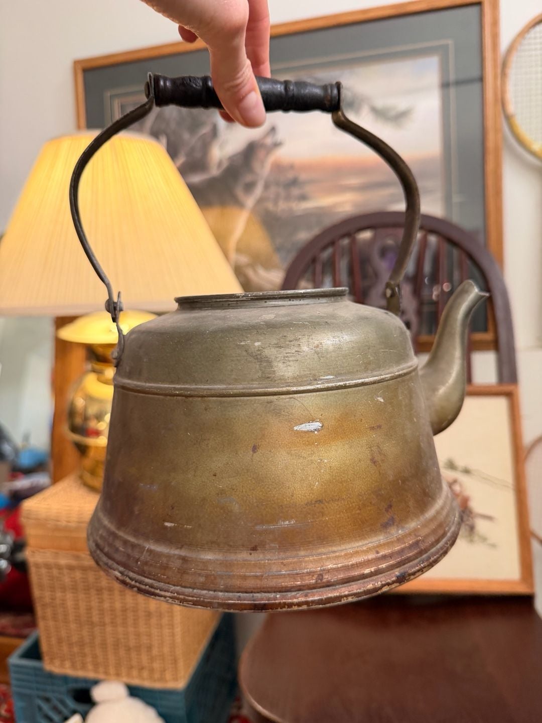 Vintage Brass Tea Kettle With Wood Handle Cottage Farmhouse Kitchen Home Decor 2