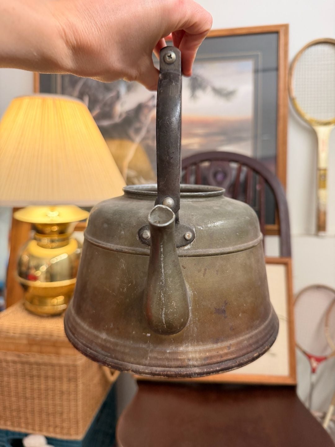 Vintage Brass Tea Kettle With Wood Handle Cottage Farmhouse Kitchen Home Decor 4