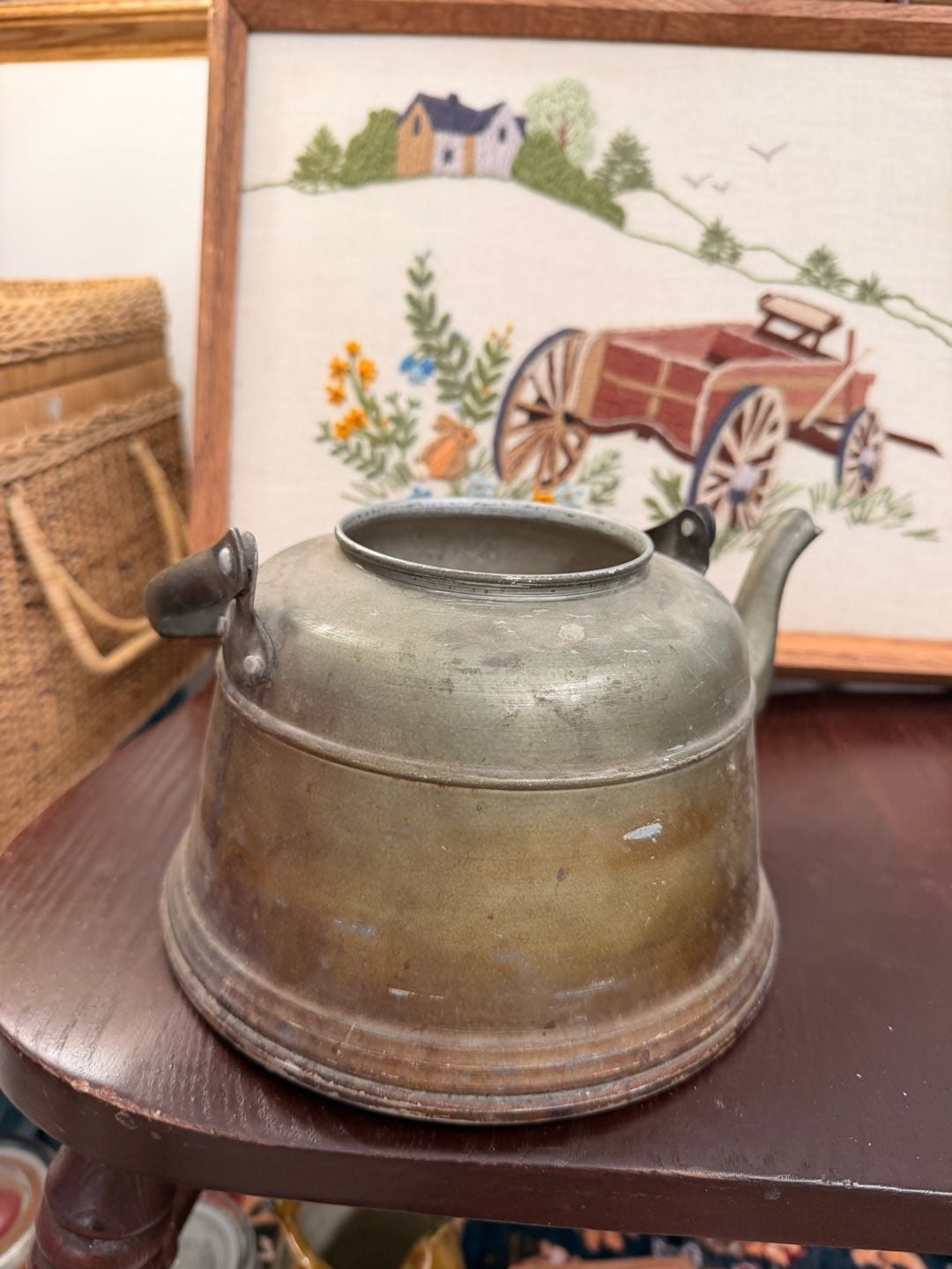 Vintage Brass Tea Kettle With Wood Handle Cottage Farmhouse Kitchen Home Decor 6