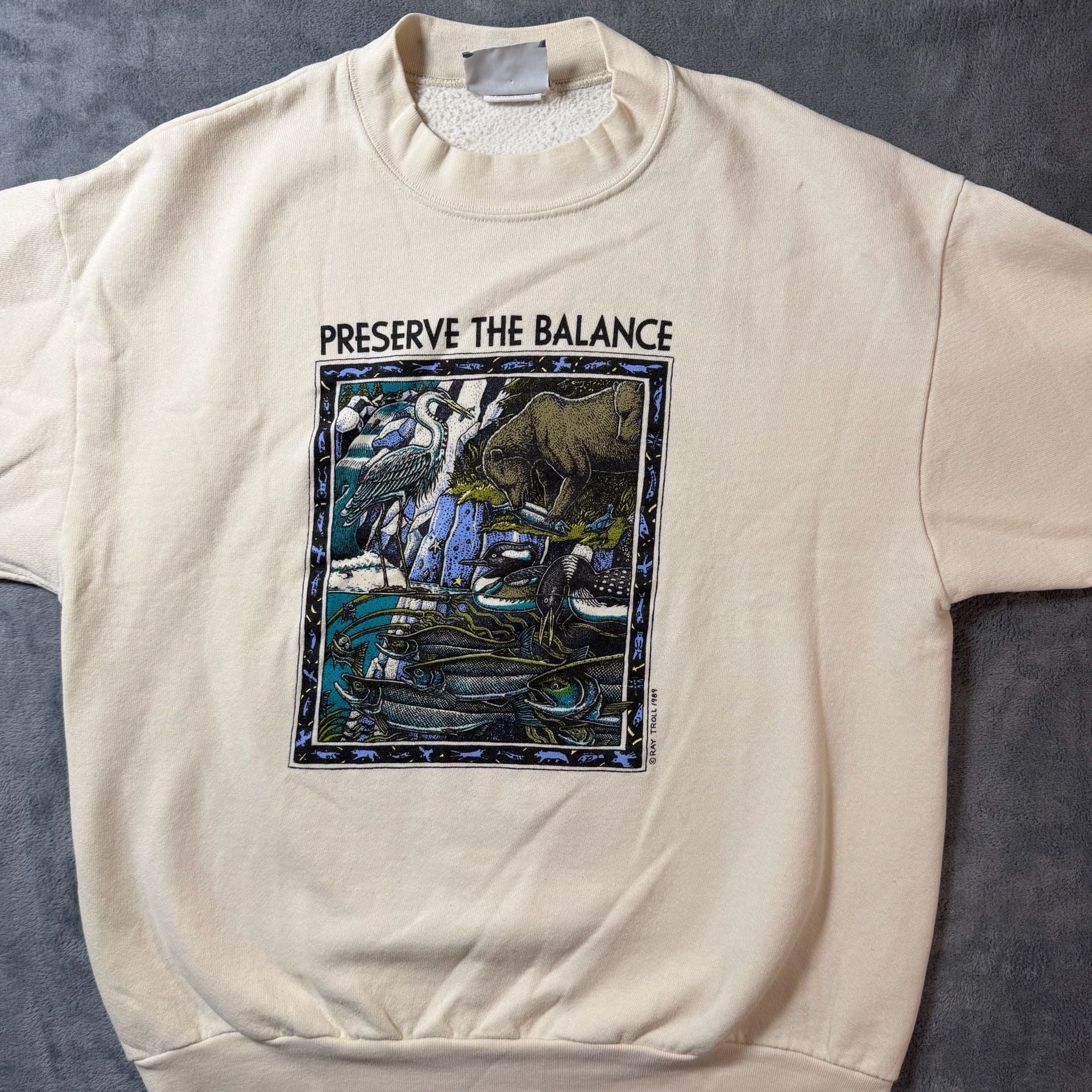 VTG 1989 Ray Troll Preserve The Balance Sweatshirt Cream Crewneck L USA Lee Art 3