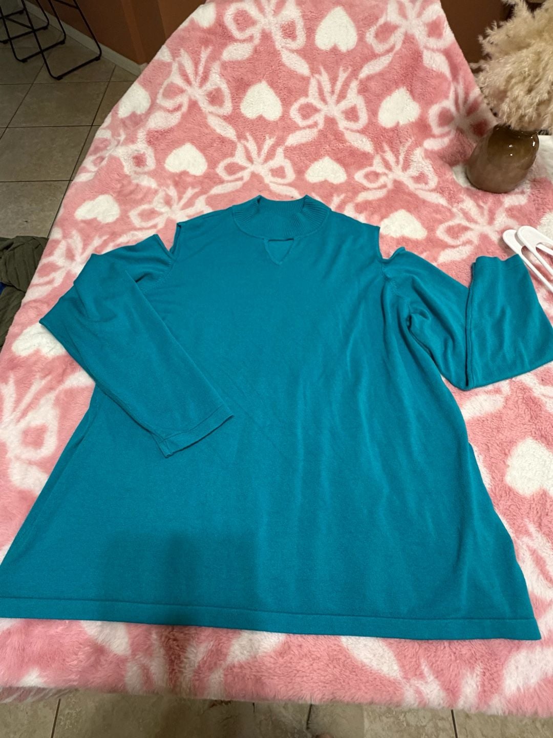 Susan Graver Cold Shoulder Mock Neck Sweater Size 2X Teal Blue Long Sleeve 3