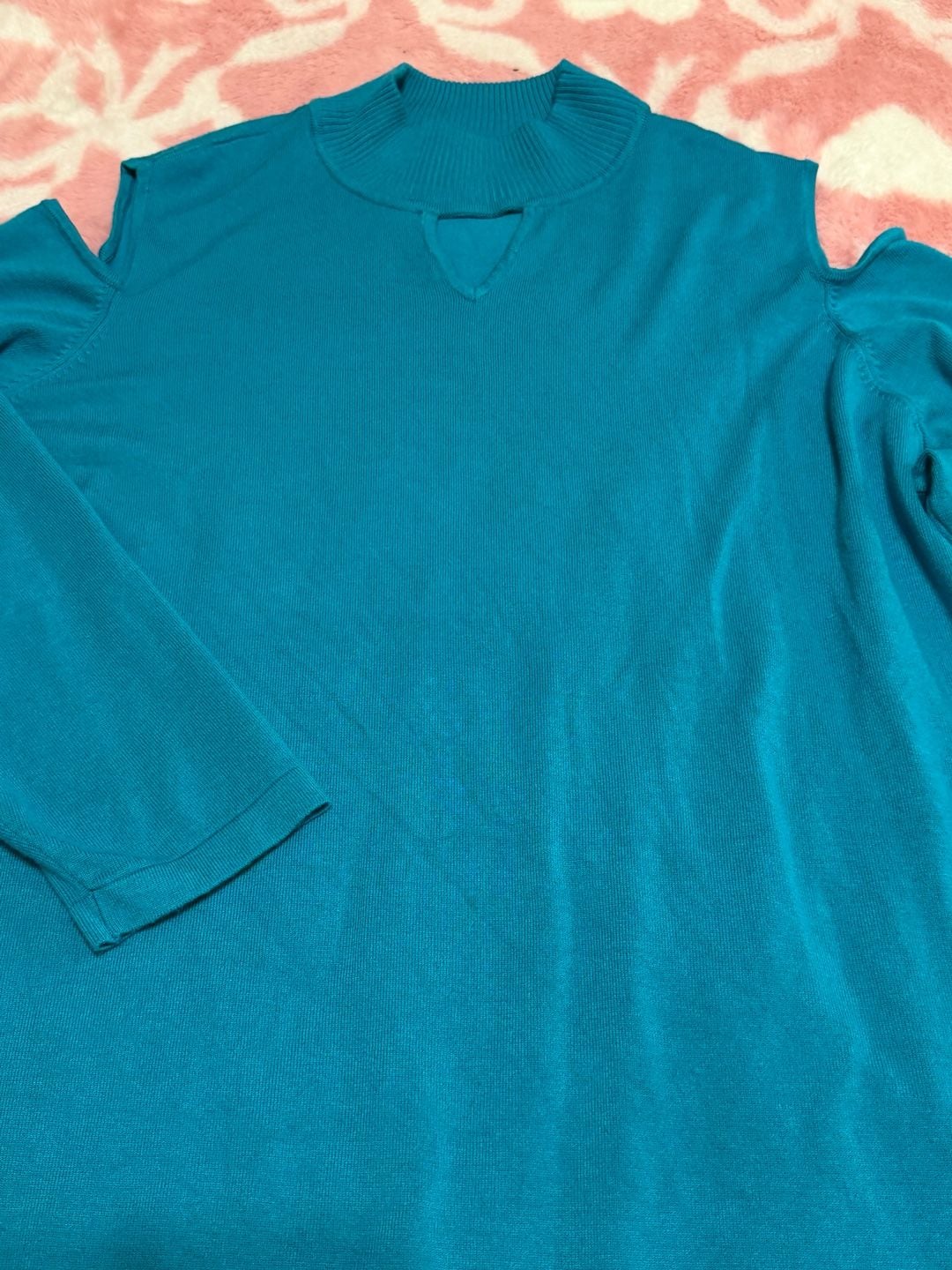 Susan Graver Cold Shoulder Mock Neck Sweater Size 2X Teal Blue Long Sleeve 4