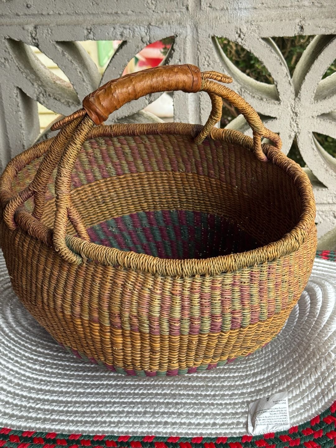 Woven Market Basket With Leather Wrapped Handle Multi-Color 1