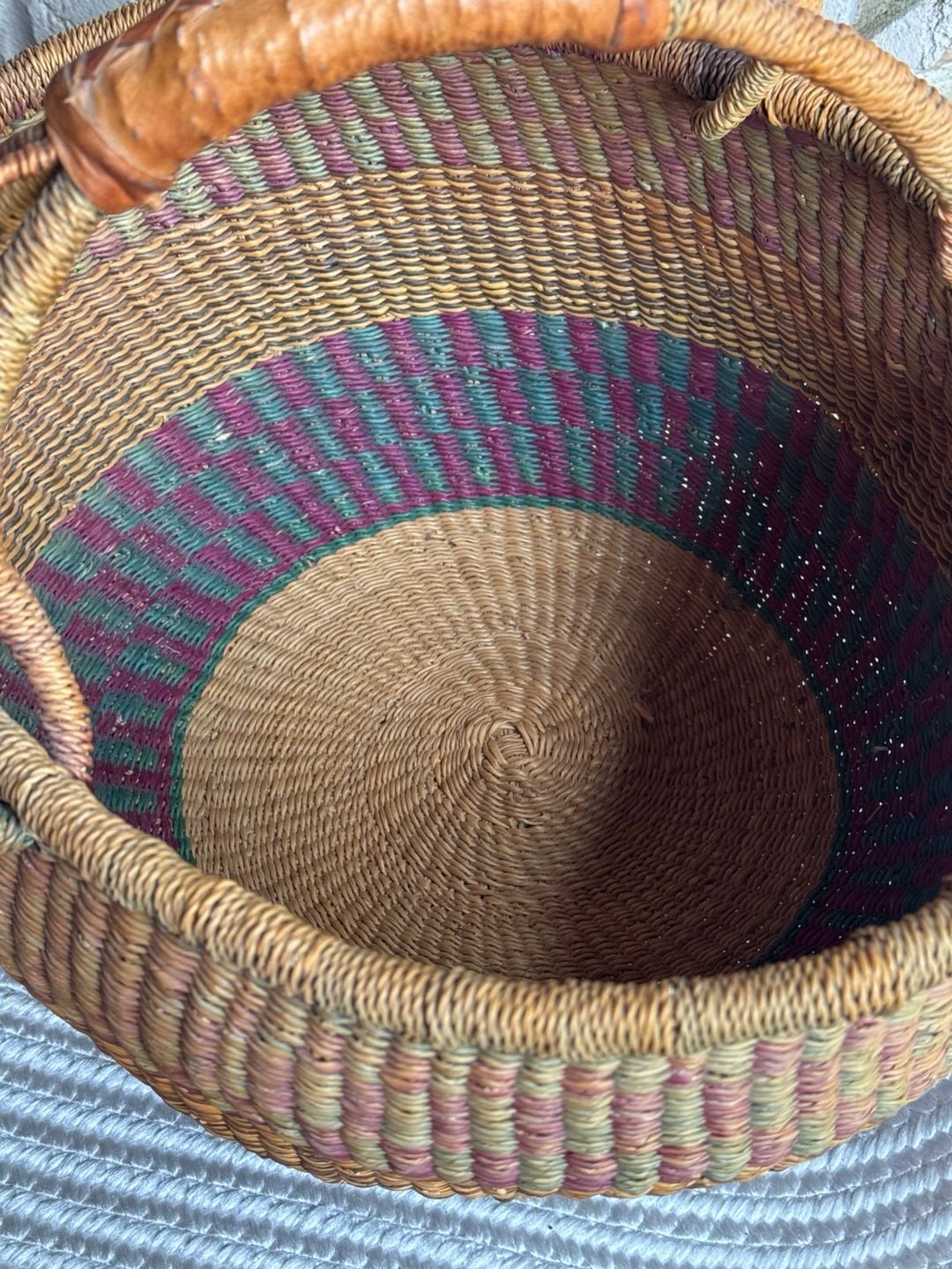 Woven Market Basket With Leather Wrapped Handle Multi-Color 2