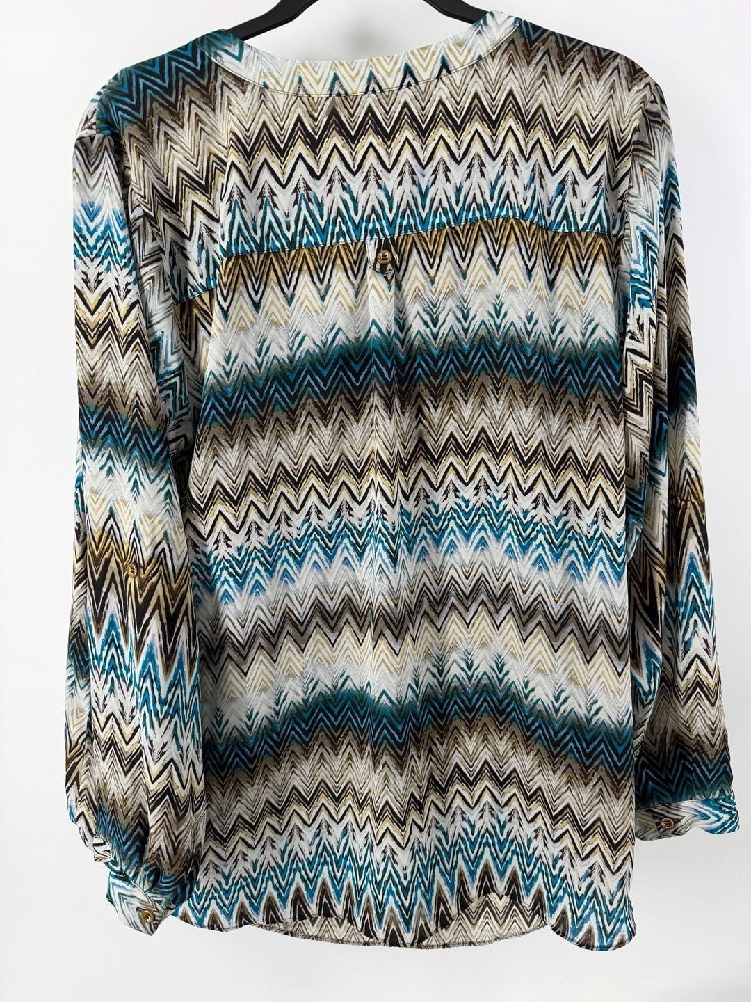 Zac & Rachel Chevron Tunic Blouse 1X Teal Brown Cream Boho Long Sleeve 3
