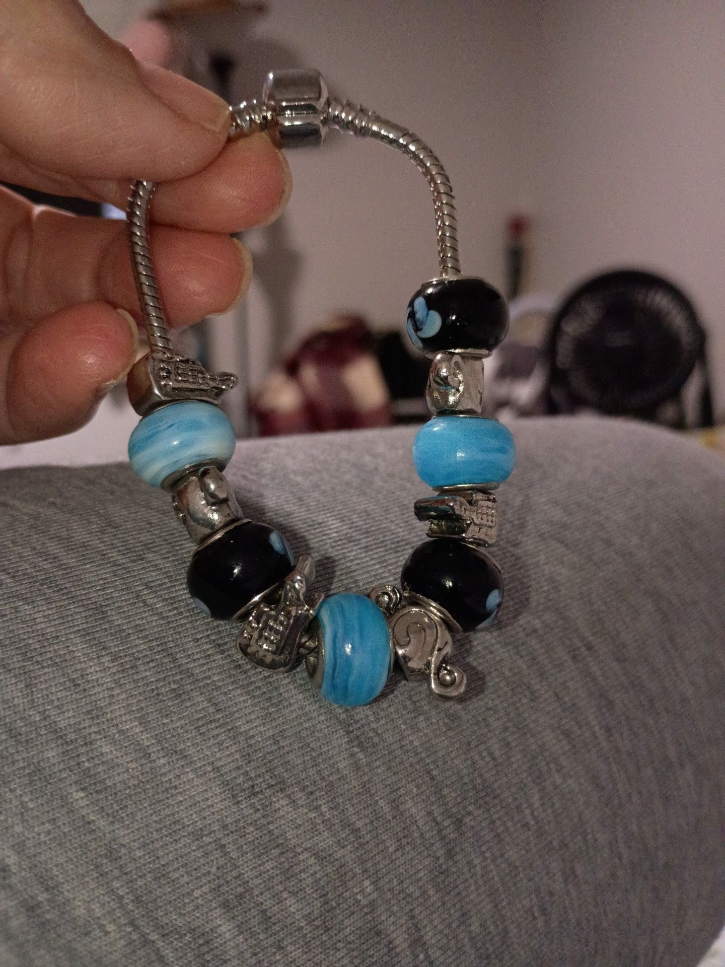 Pandora Silver Snake Chain Charm Bracelet Blue Black Glass Beads 2