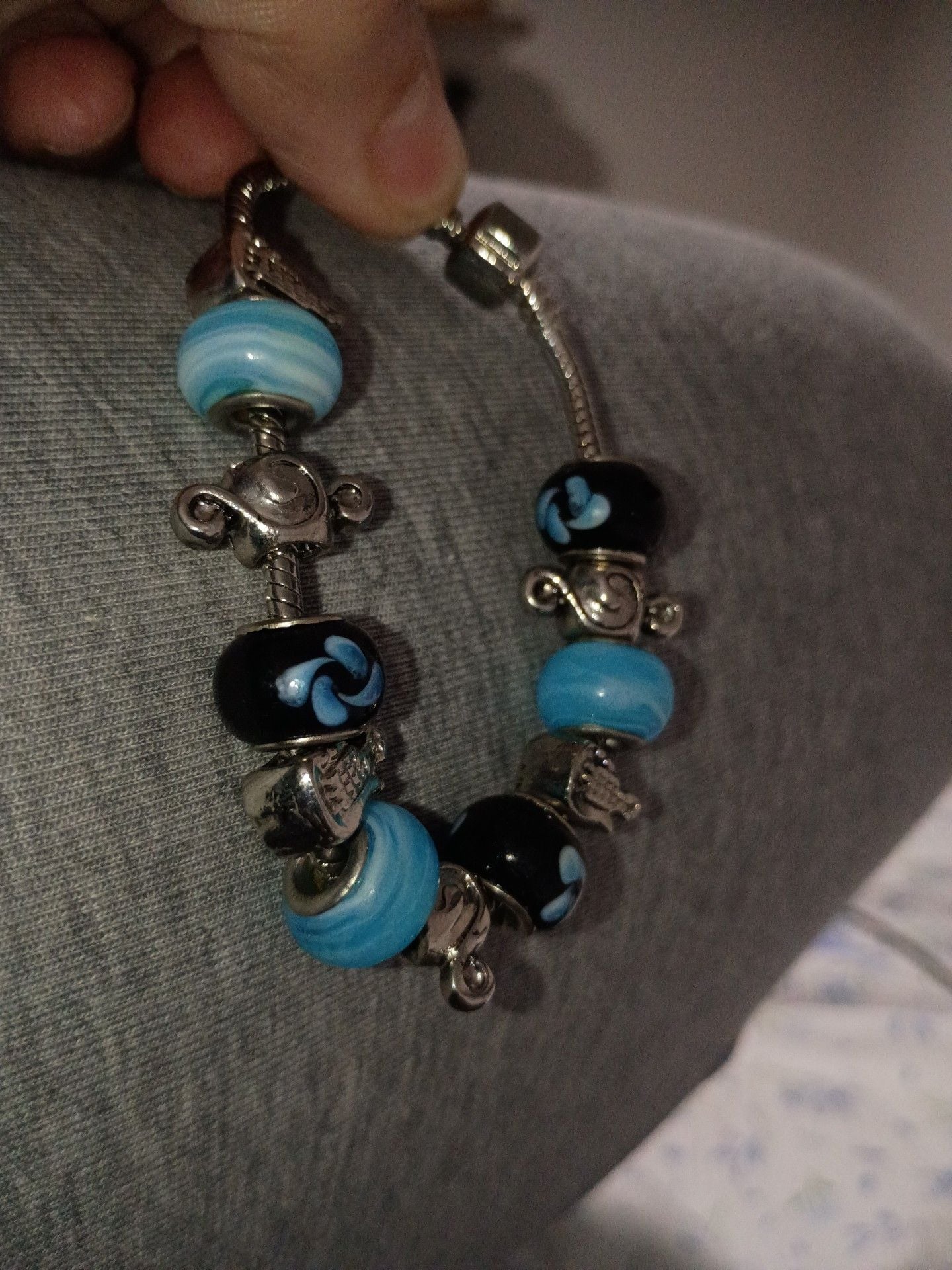 Pandora Silver Snake Chain Charm Bracelet Blue Black Glass Beads 3