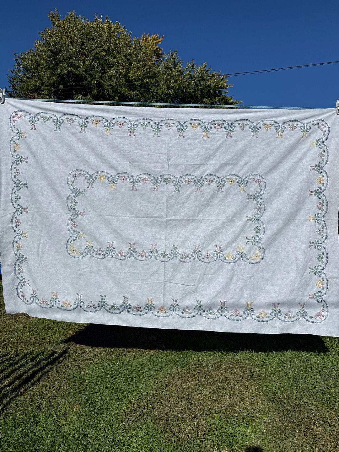 Vintage Hand Embroidered Cross Stitch Tablecloth Floral Linens 1