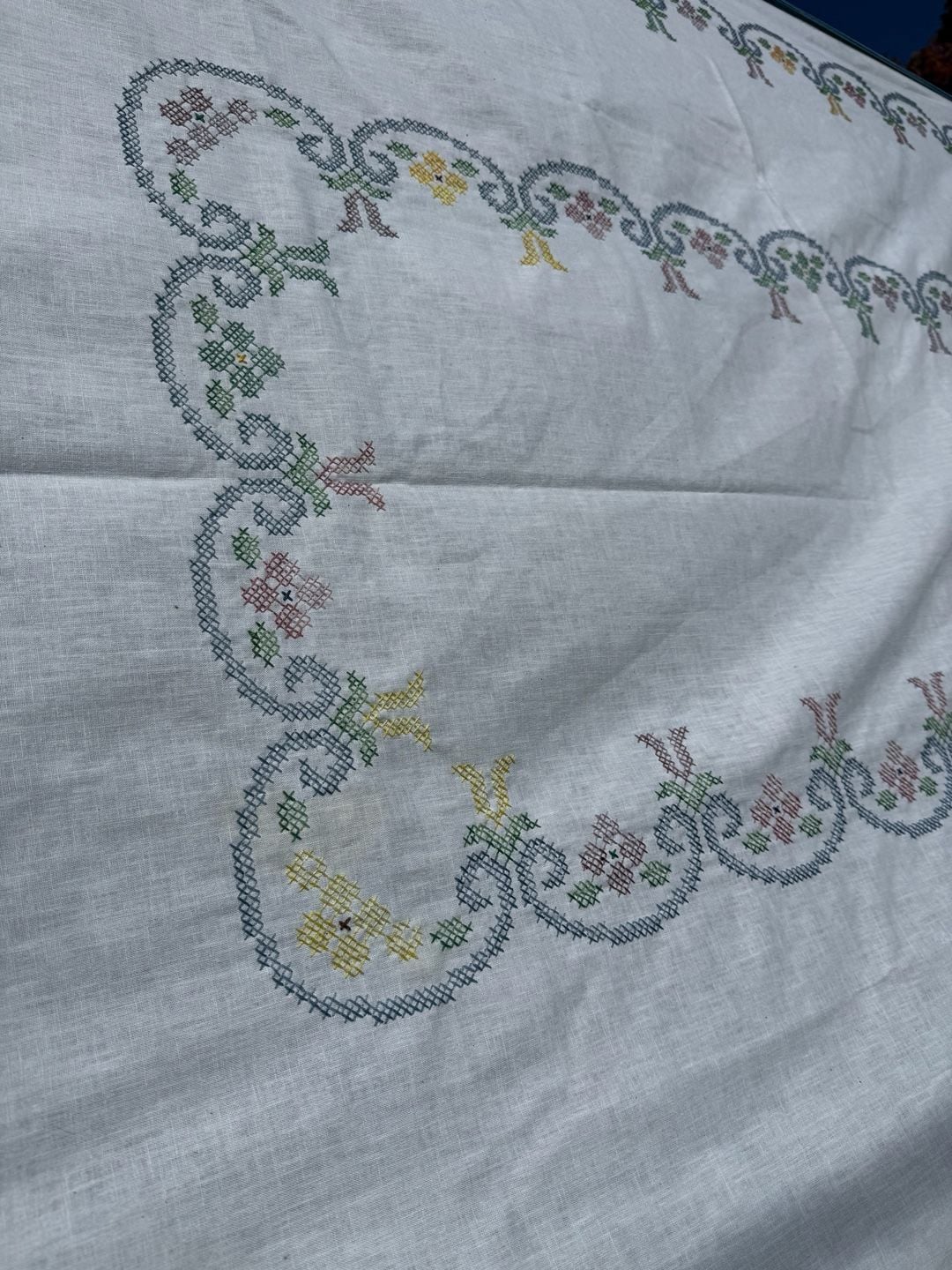 Vintage Hand Embroidered Cross Stitch Tablecloth Floral Linens 2