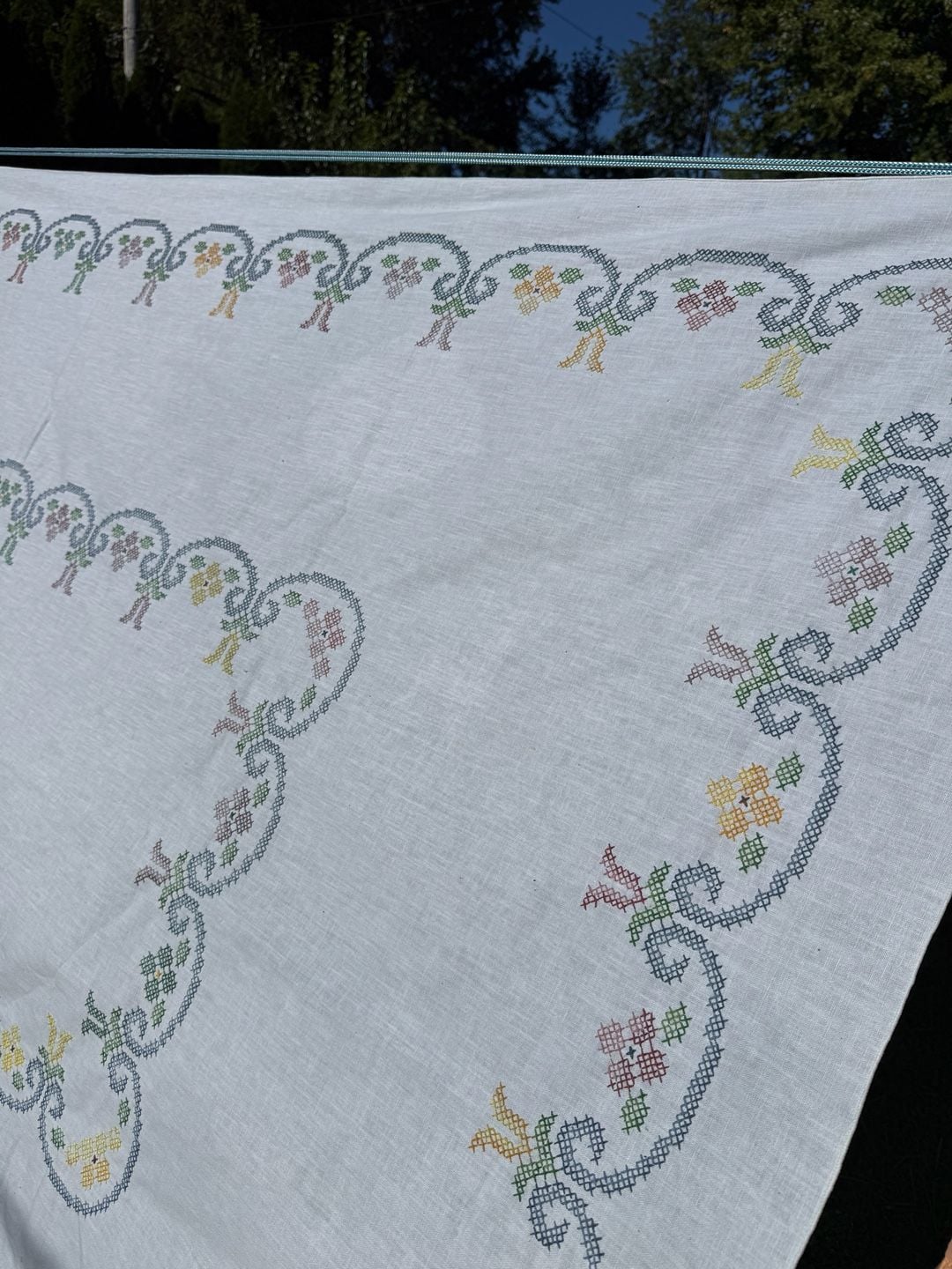 Vintage Hand Embroidered Cross Stitch Tablecloth Floral Linens 3