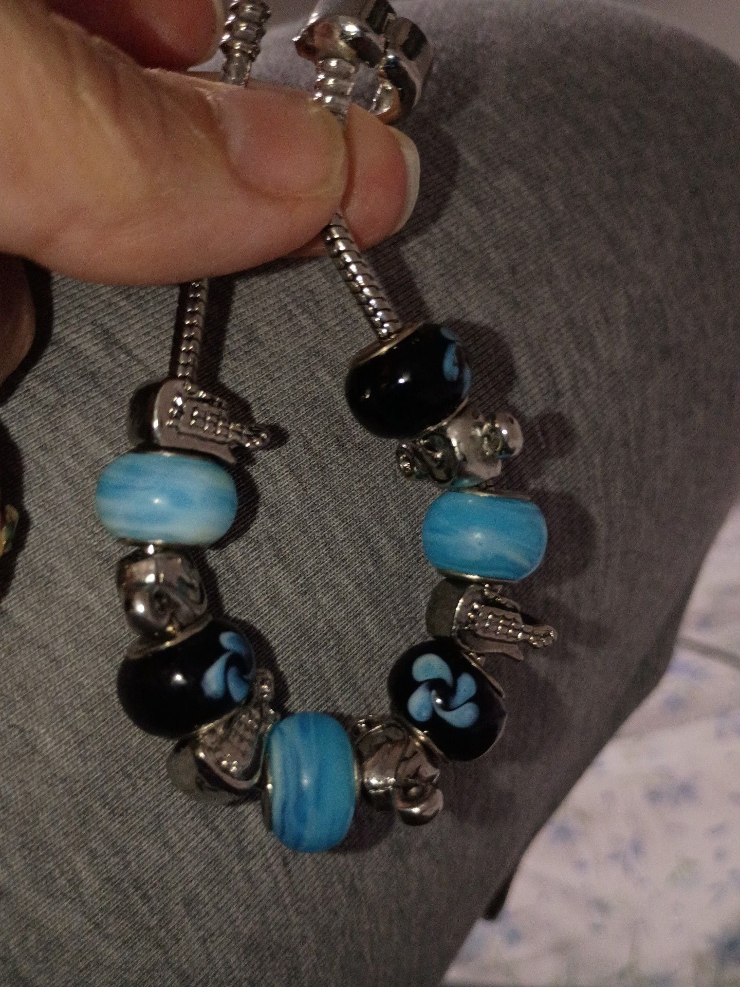 Pandora Silver Snake Chain Charm Bracelet Blue Black Glass Beads 5