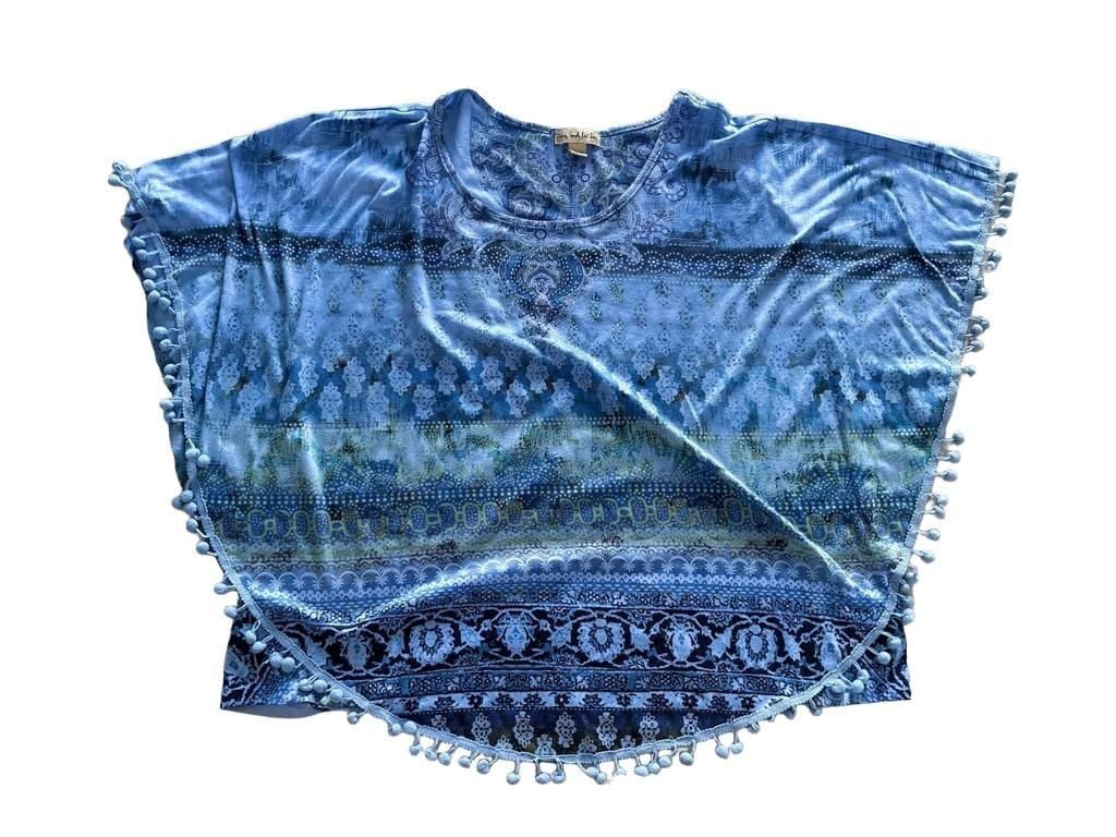 Un Deux Trois Poncho Blue Printed Pom Pom Trim 2