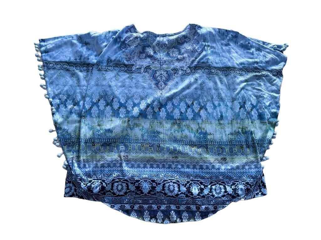 Un Deux Trois Poncho Blue Printed Pom Pom Trim 5