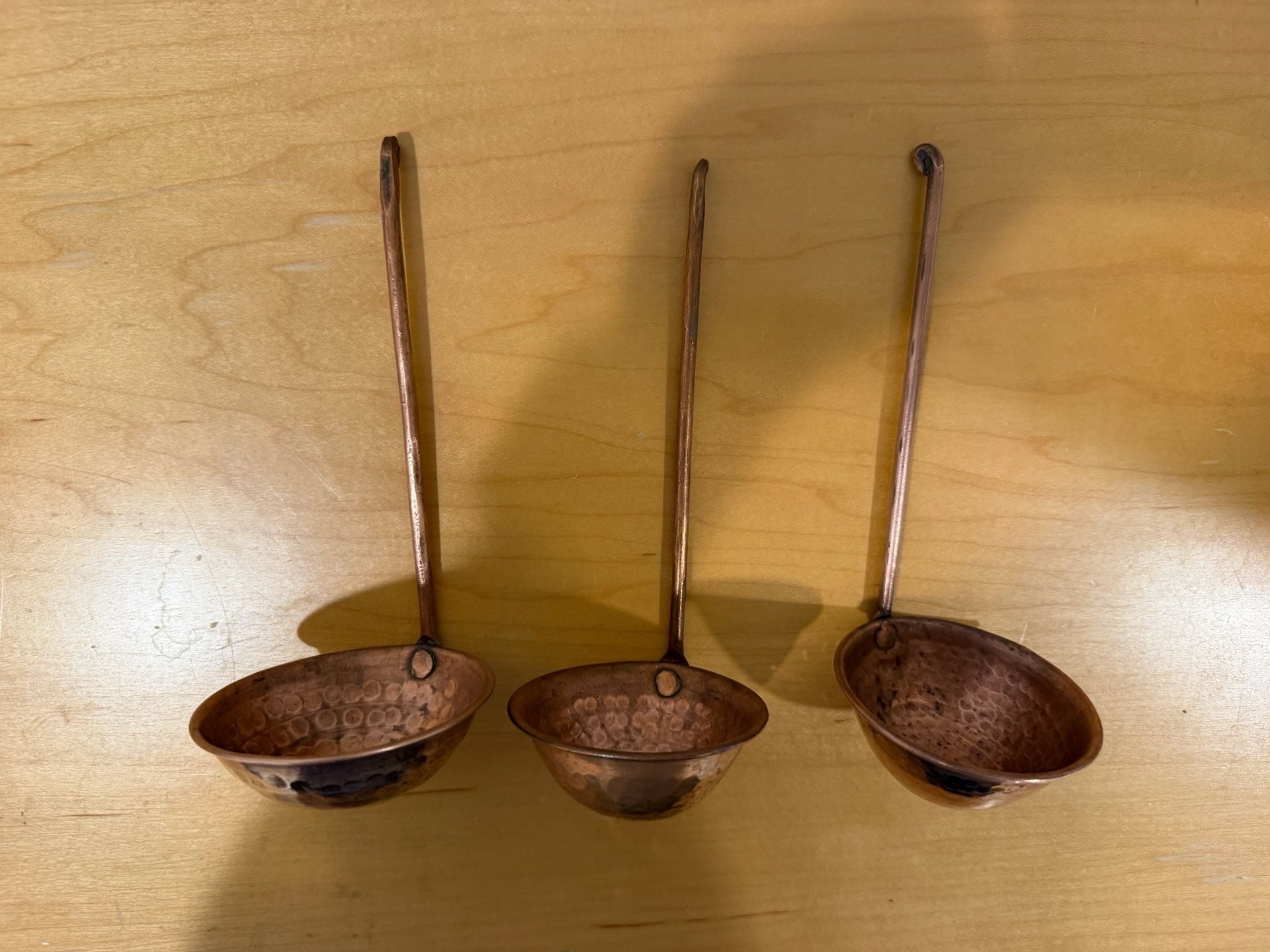 Vintage Farmhouse French Country Hand Crafted Hammered Copper Ladles Set of 3 4
