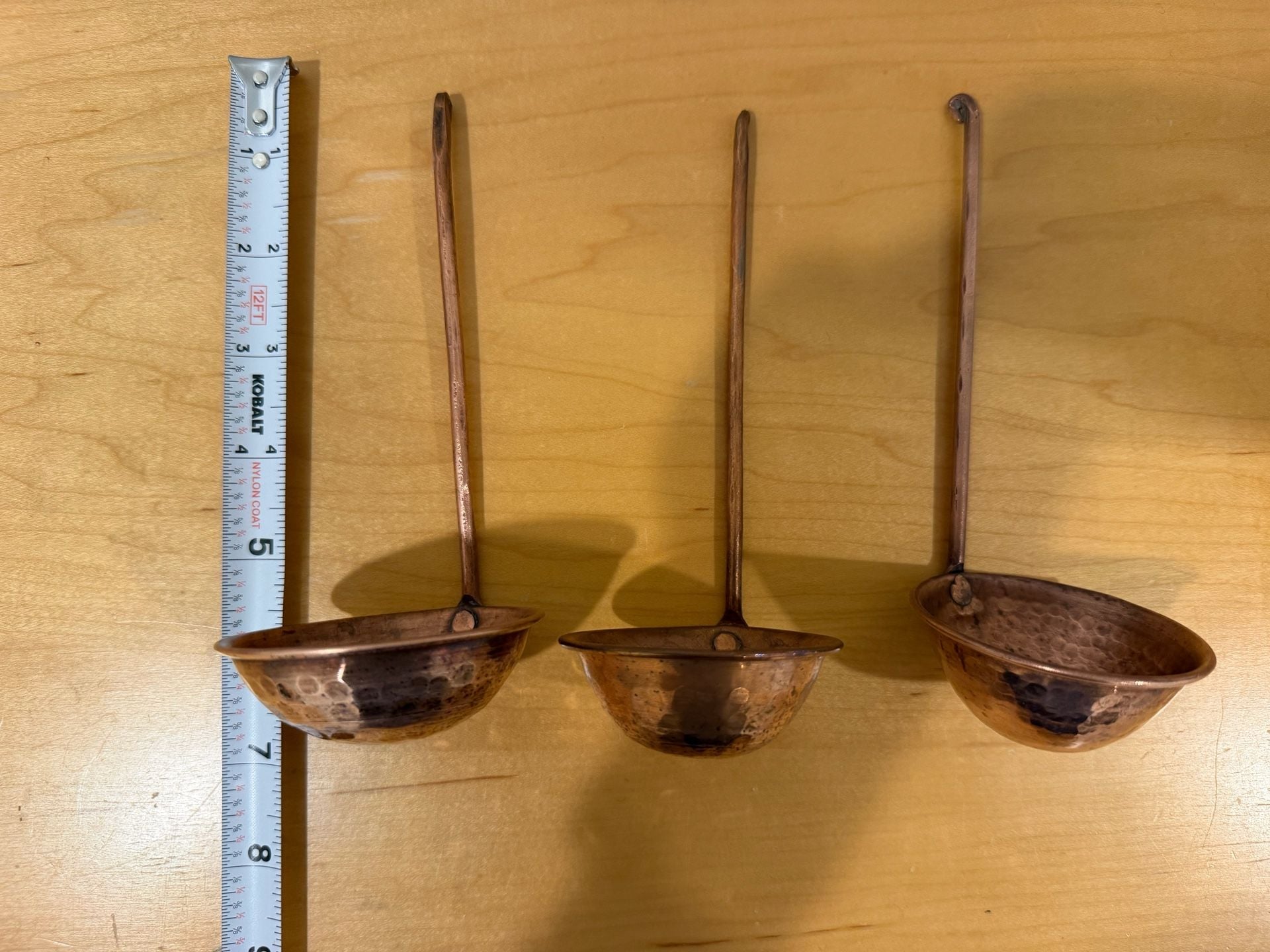Vintage Farmhouse French Country Hand Crafted Hammered Copper Ladles Set of 3 5