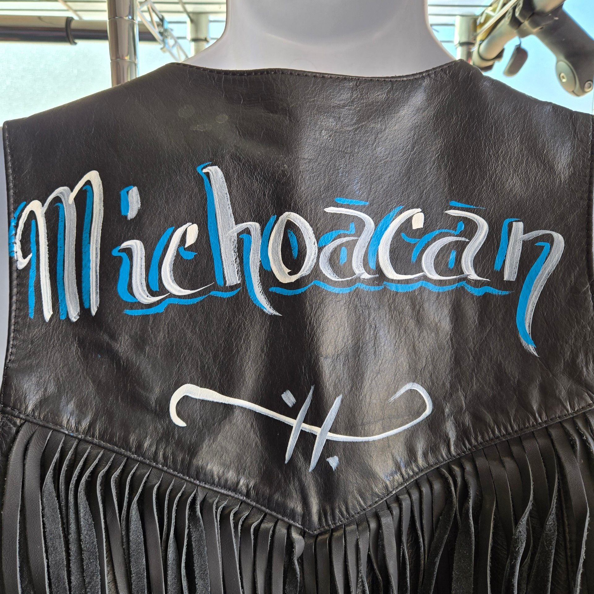 Genuine Leather Hand Painted Michoacan Bull Fringe Vest Size L 5