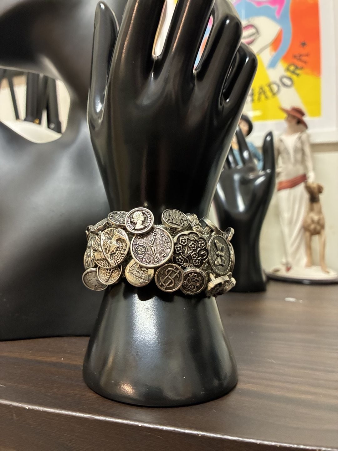 Vintage 1990s Unique Silver-Tone Assorted Coin and Button Statement Bracelet 2