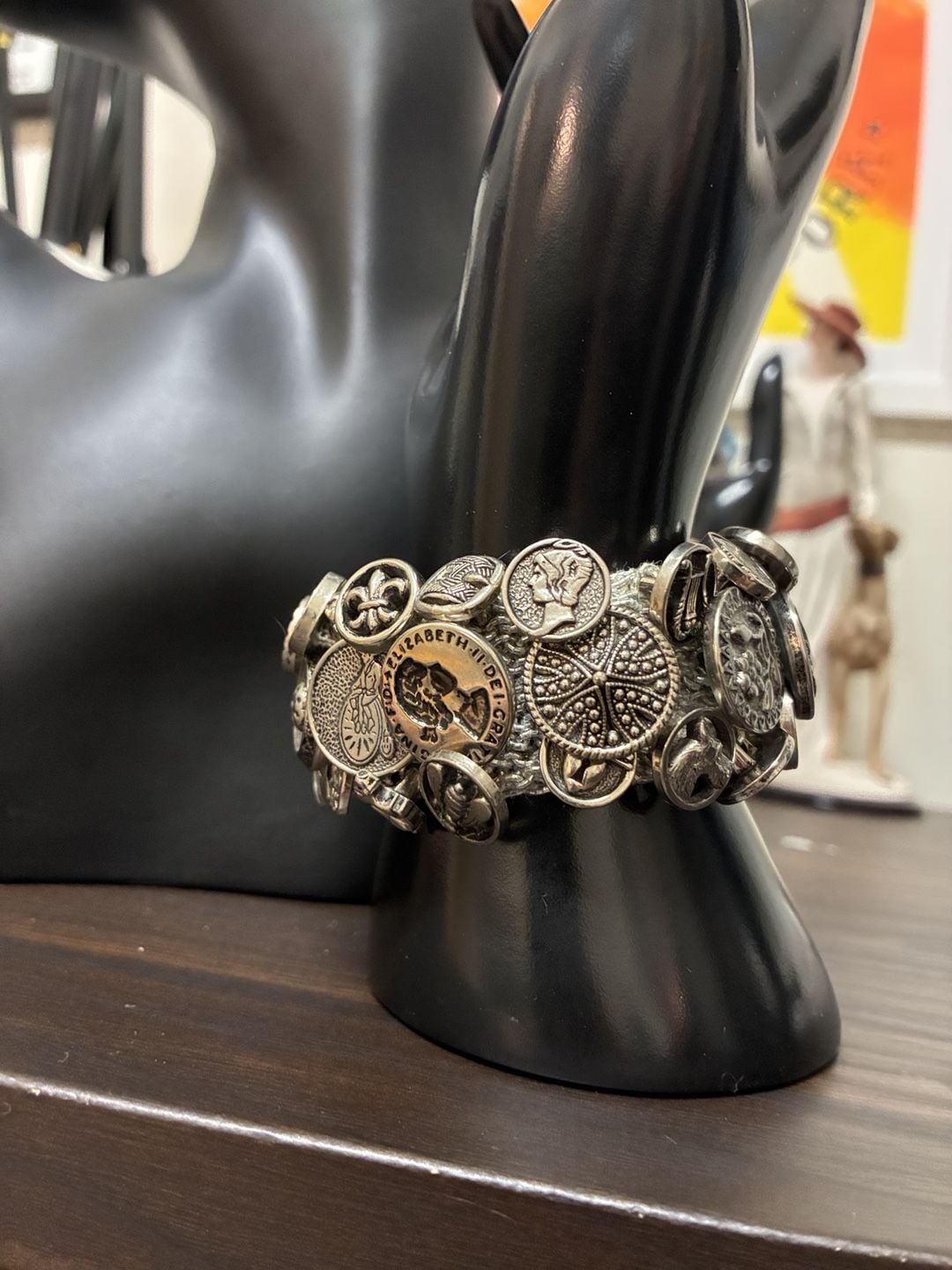 Vintage 1990s Unique Silver-Tone Assorted Coin and Button Statement Bracelet 3