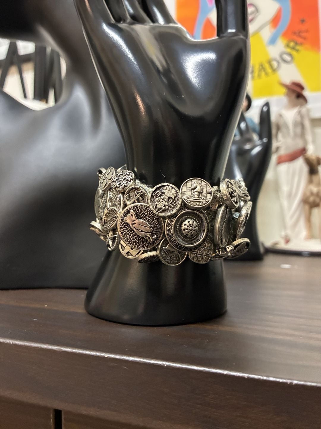 Vintage 1990s Unique Silver-Tone Assorted Coin and Button Statement Bracelet 4