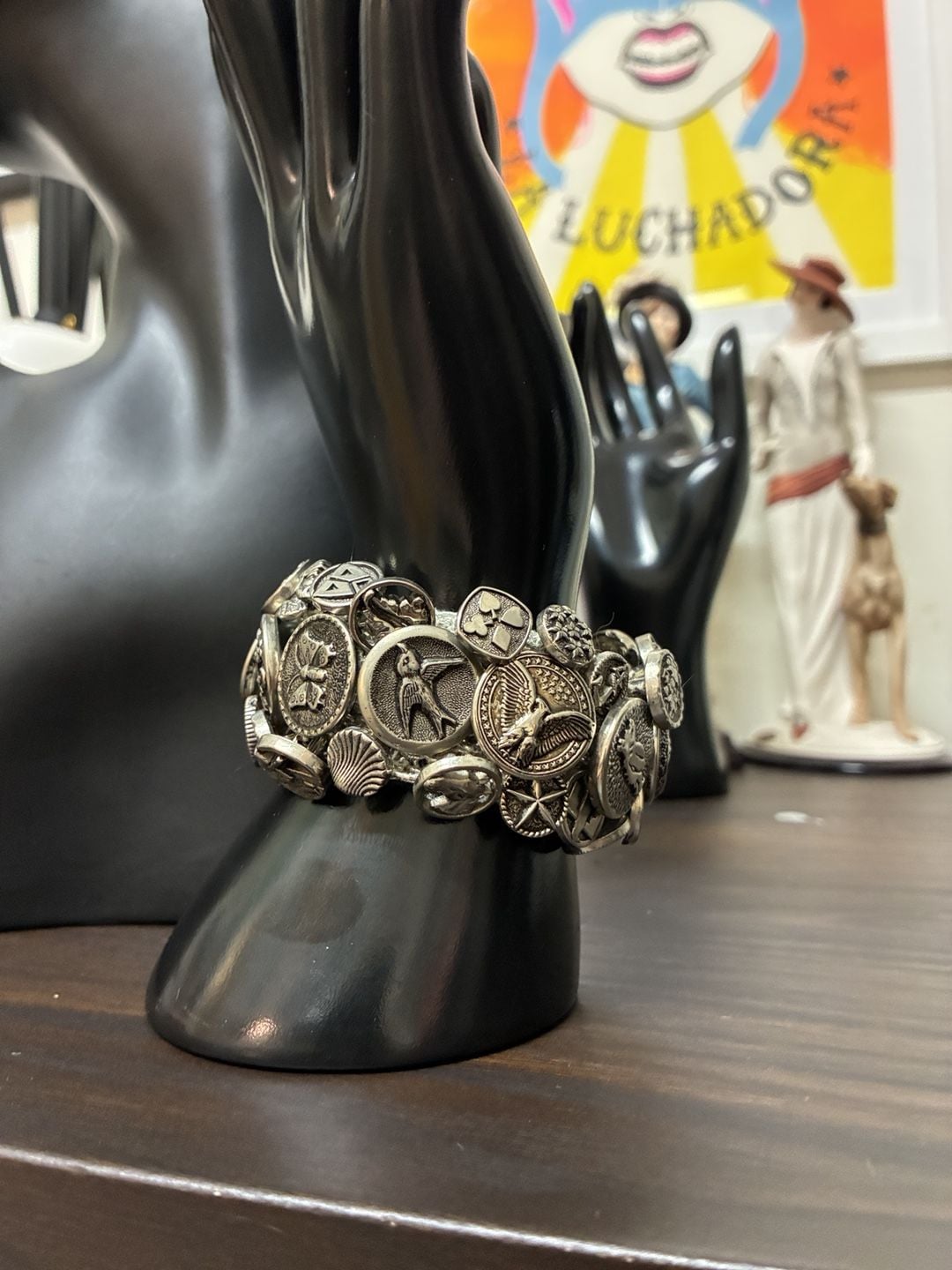 Vintage 1990s Unique Silver-Tone Assorted Coin and Button Statement Bracelet 5